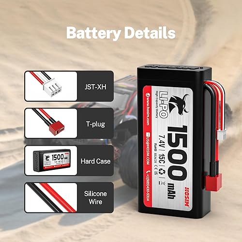 Miniatura 3 de Hosim Paquete de 2 baterías Lipo de 7.4 V 1500 mAh 15C JST-XH-3P Plug 2S Lipo Baterías con carga para 1/10 Escala RC Coche Hobby Camiones RC