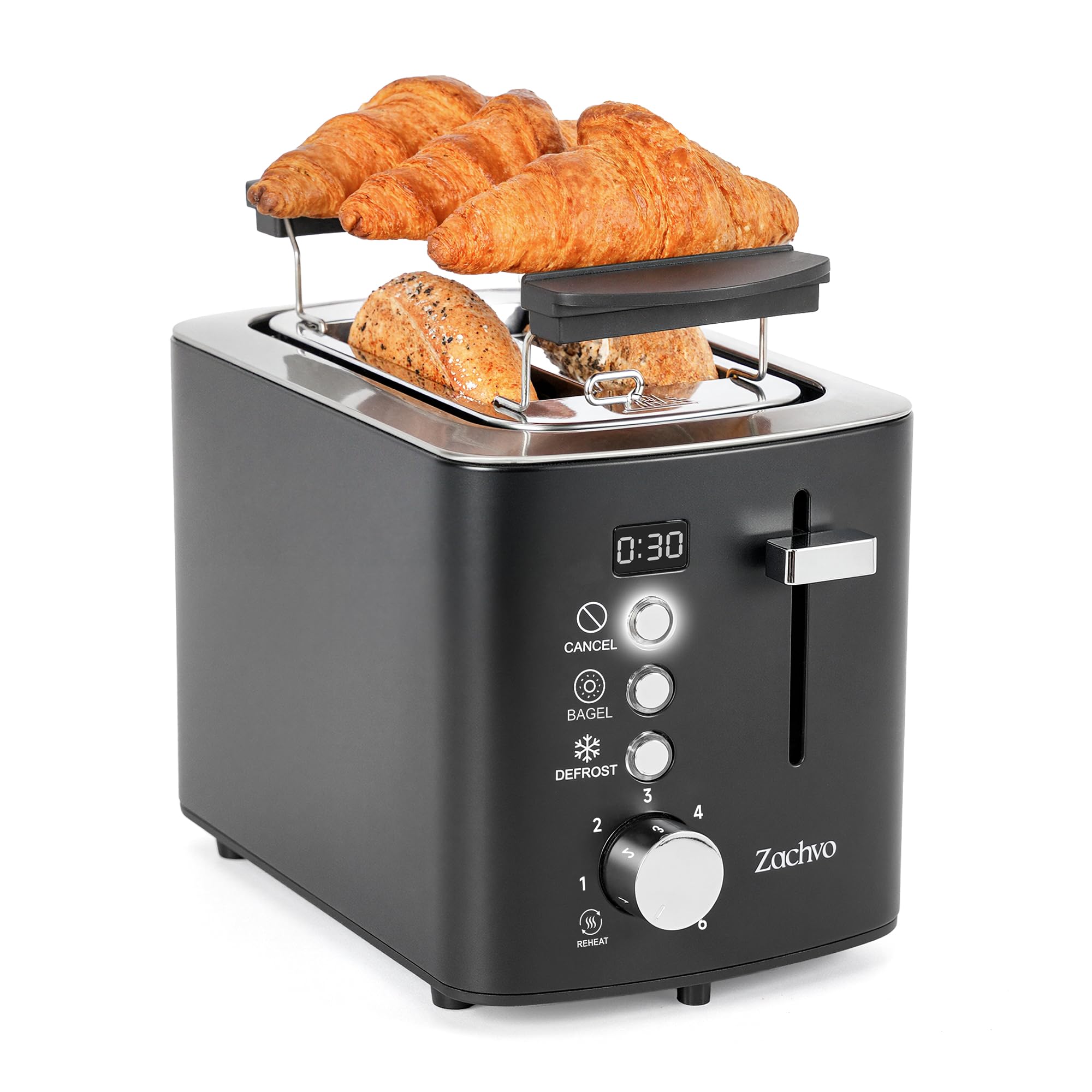 Edelstahl 4 Scheiben Toaster mit LED-Countdown & Brötchenaufsatz, extra breite 3,5 cm Schlitze für Toast, dicke Brotscheiben & Bagels