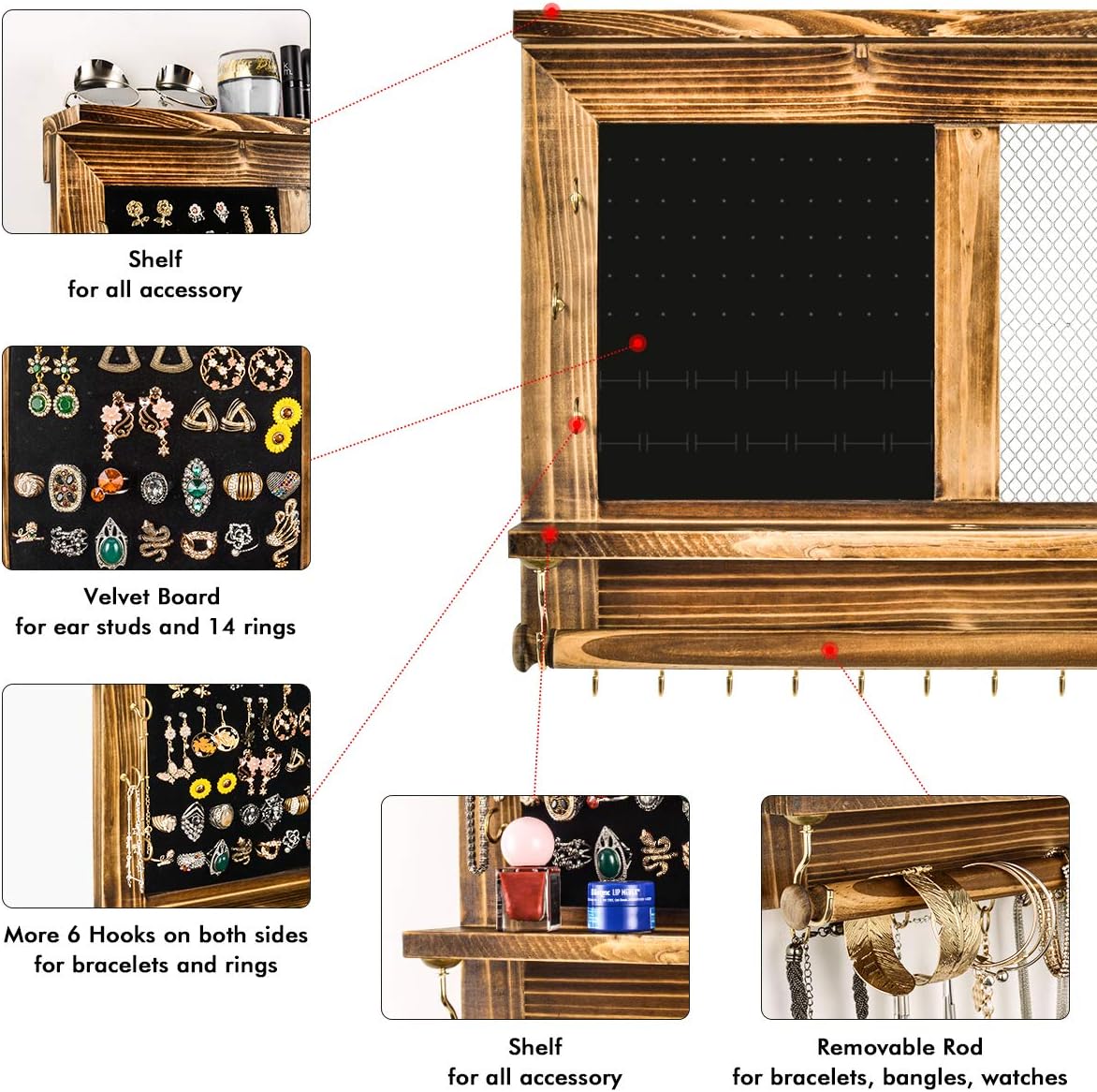 Rustic Jewelry Display Organizer Wall Mounted Mesh Jewelry Organizer, Wall Mounted Rustic Wood Jewelry Organizer Holder with Hooks Shelf for Earrings Necklaces Bracelets Removable Rod for Bracelet