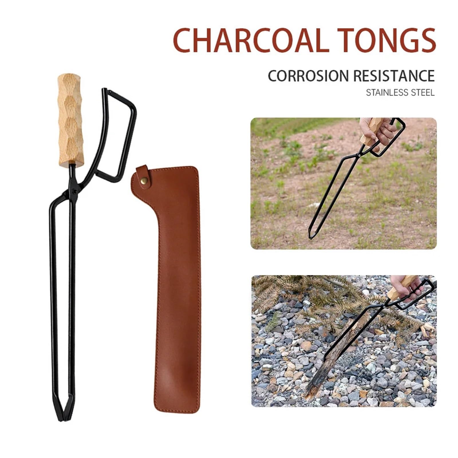 Pinze per Barbecue da Campeggio in Metallo, Set di pinze per Carbone con Manico Lungo, pinze per Il Fuoco, pinze per la Spazzatura in Legno, Clip in Acciaio Inossidabile, Portatili, per Esterni