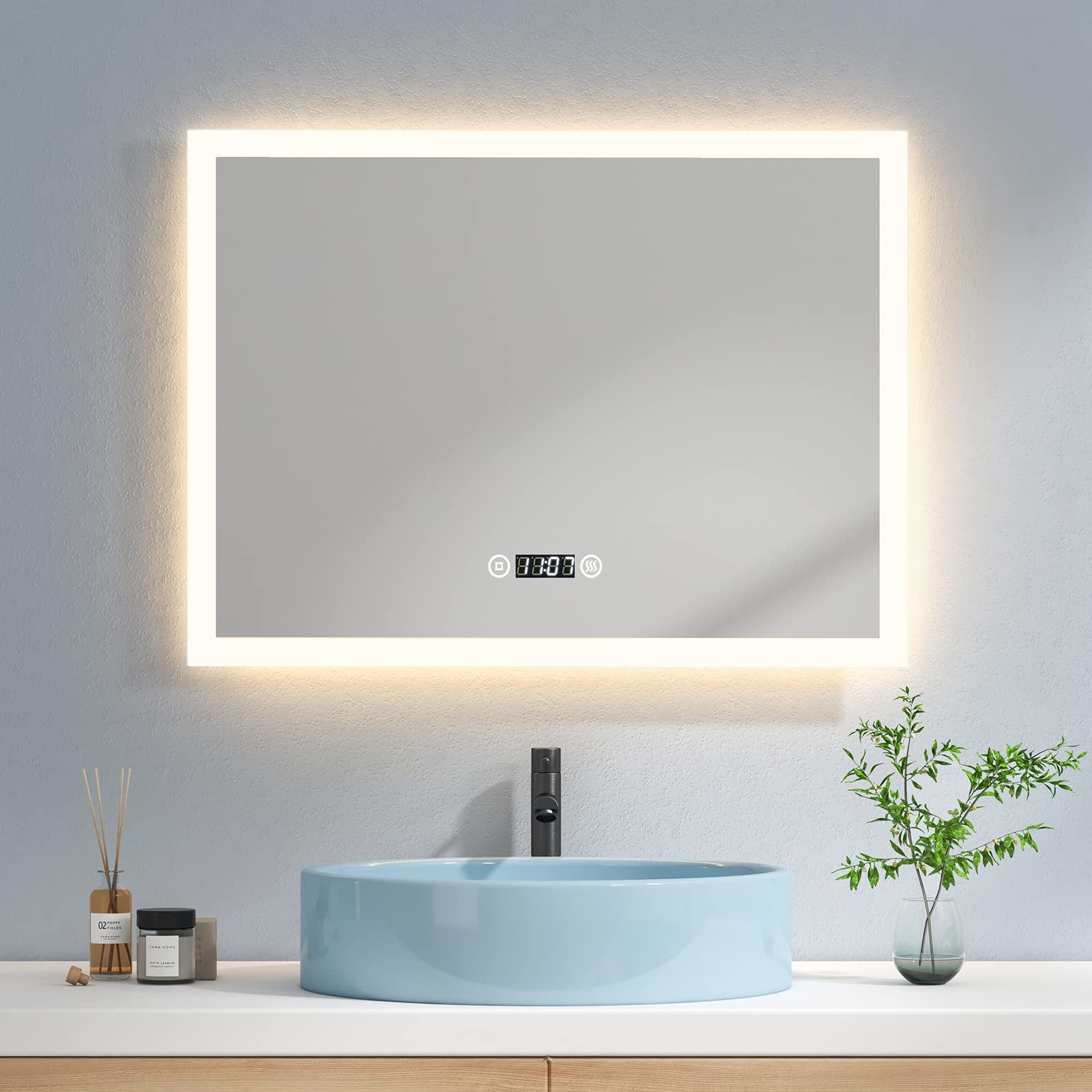 EMKE Lustro łazienkowe z oświetleniem LED, 80 x 60 cm, 3 barwy światła, zimna biel, neutralna biel, lustro łazienkowe z oświetleniem z włącznikiem dotykowym, powłoka przeciwmgielna, zegar, IP44