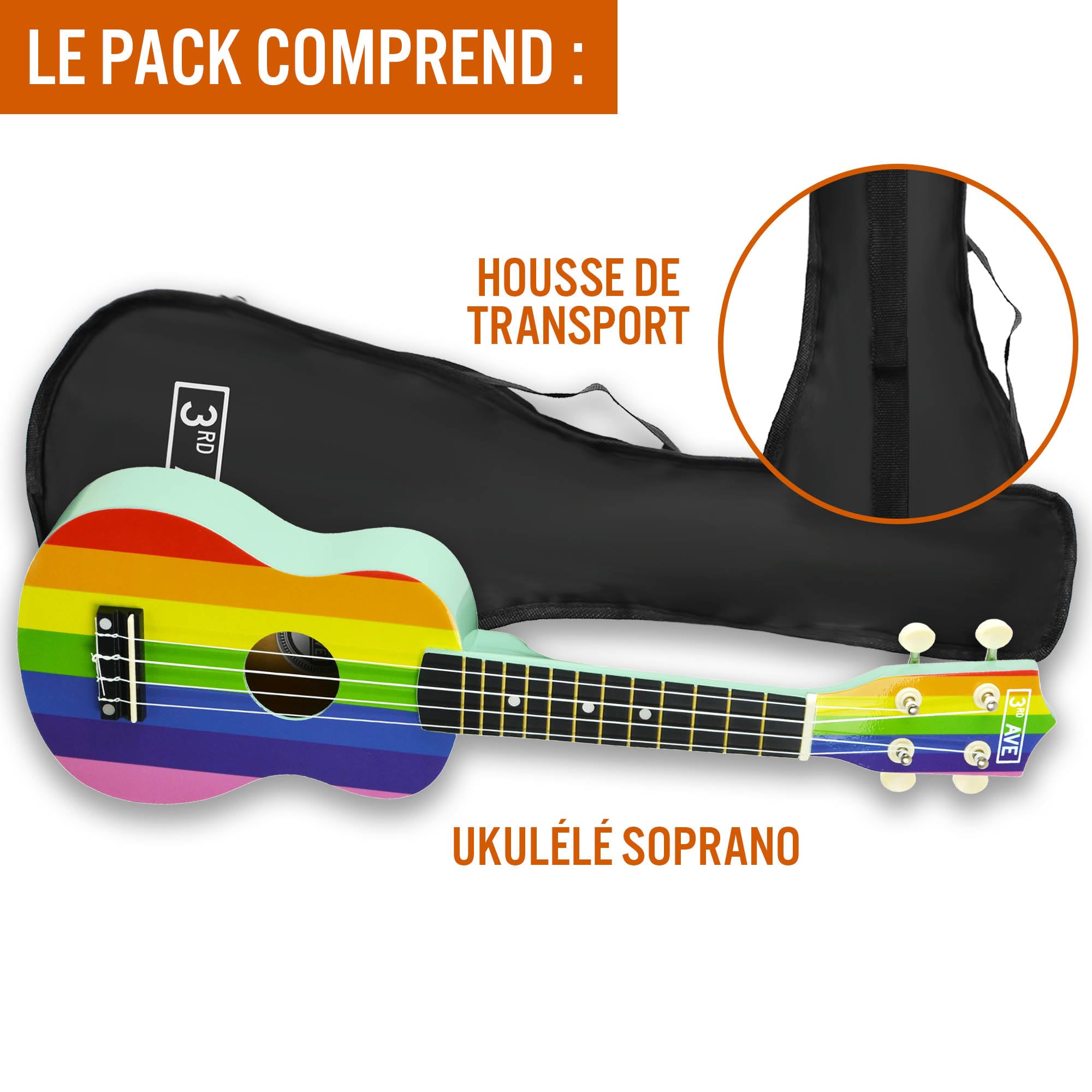 3rd Avenue Ukulélé Soprano Débutant 21 Pouces 4 Cordes en Nylon avec Sac pour Ukulélé Gratuit - Arc-en-Ciel - 1 Mois de Cours en Ligne Gratuits