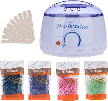 Wax Warmer, Painless Home Wax Removal Set, 4 Pack Hard Wax Beans and 10 Wax Applicator Sticks, Full Body, Face, Eyebrow, Underarm Area, Legs, Bikini for Painless Home Use for Women and Men White