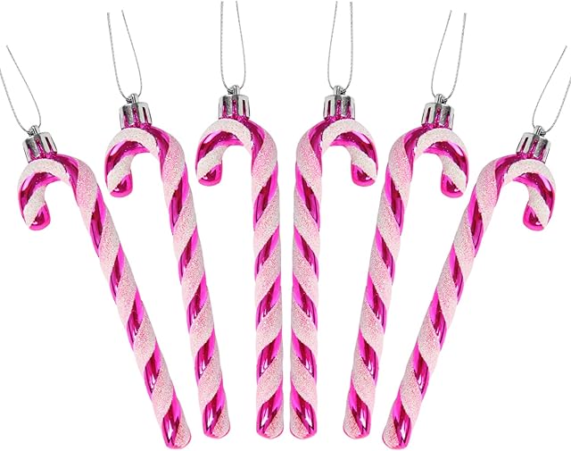 DERAYEE 6 PCS Christmas Glitter Candy Cane Plastic Candy Cane Christmas Tree Decorations for Xmas New Year Party Supplies (Hot Pink&White)