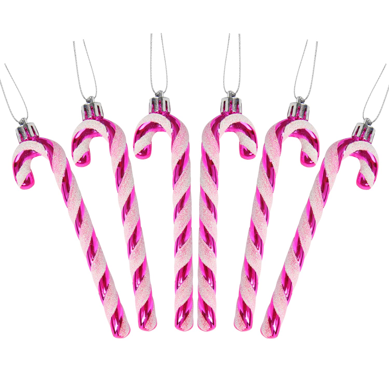 DERAYEE 6 PCS Christmas Glitter Candy Cane Plastic Candy Cane Christmas Tree Decorations for Xmas New Year Party Supplies (Hot Pink&White)β¦