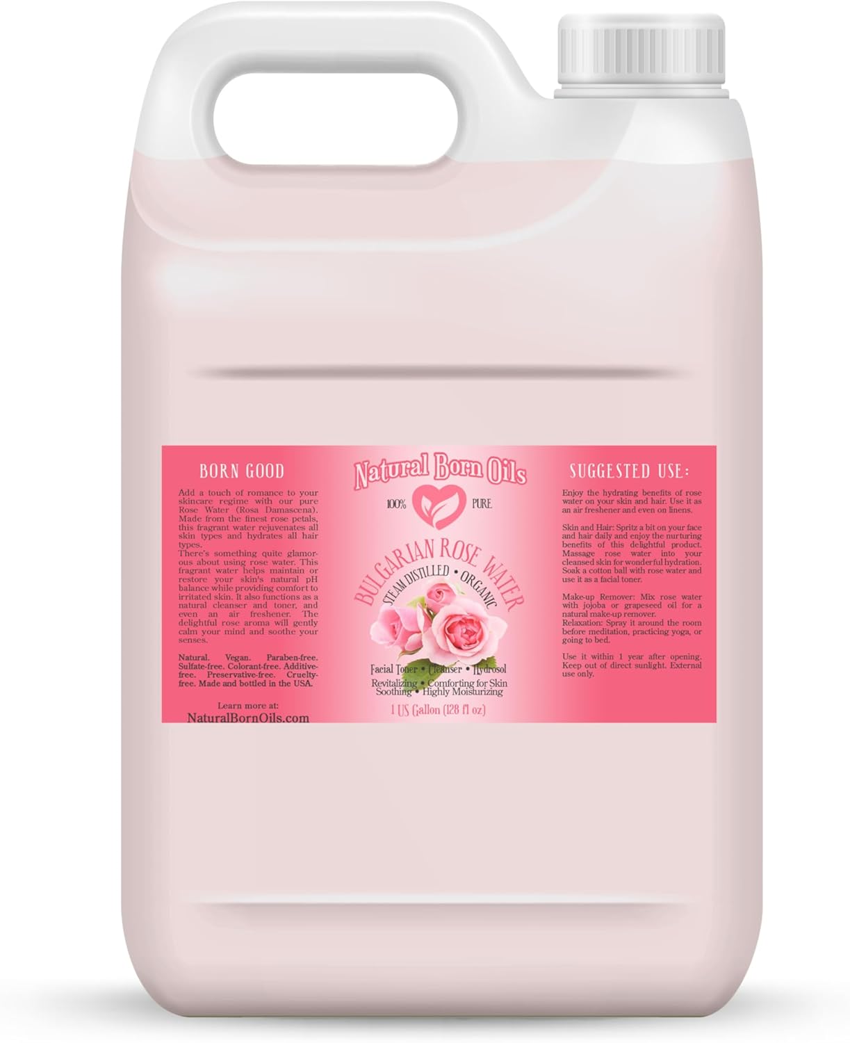 Natural Born Oils Rose Water, 1 Gallon, Organic, Hydrating Facial Mist, Excellent for Revitalizing Skin, Natural Beauty Enhancer