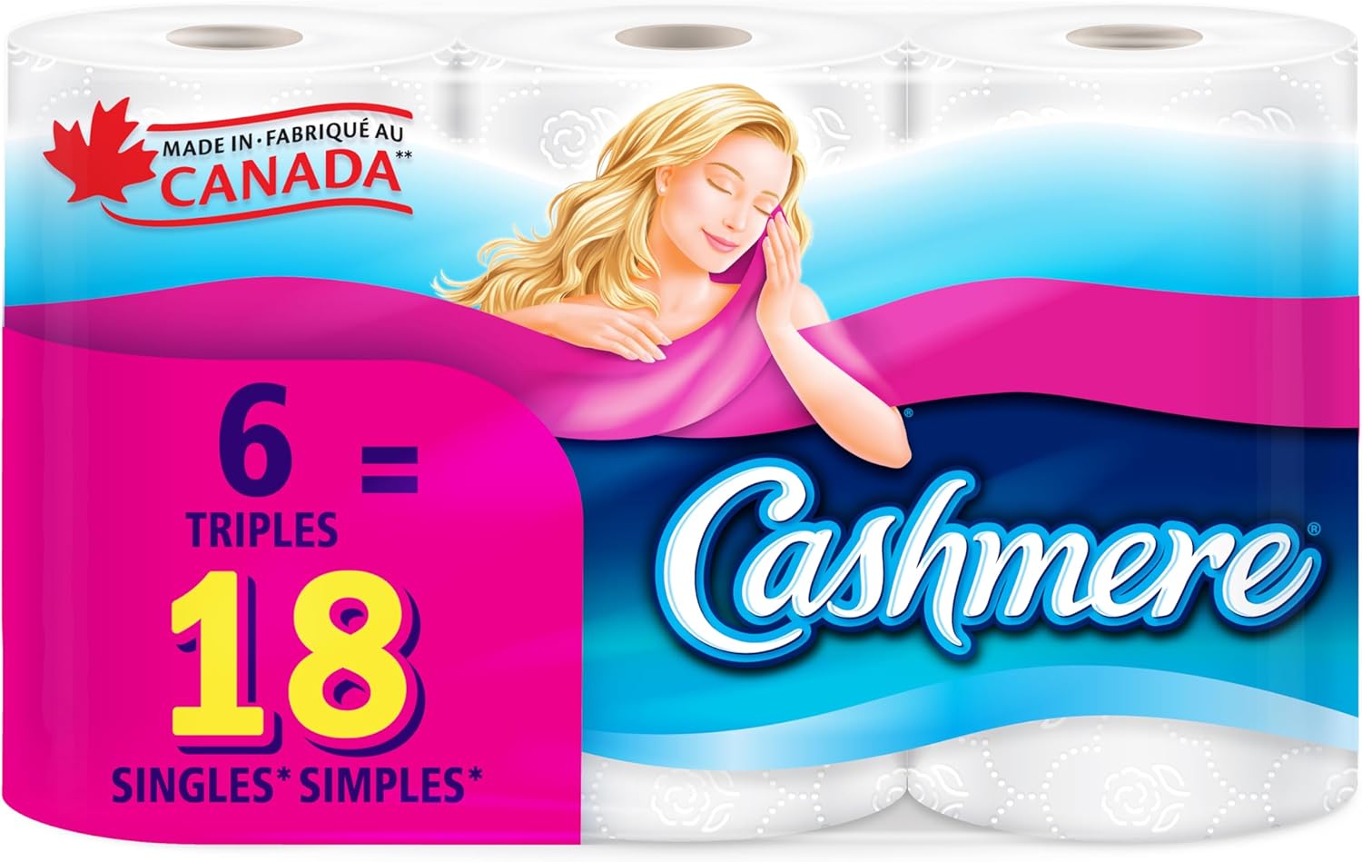 Cashmere Soft & Thick Toilet Paper, Hypoallergenic and Septic Safe, 6 Triple Rolls = 18 Single Rolls