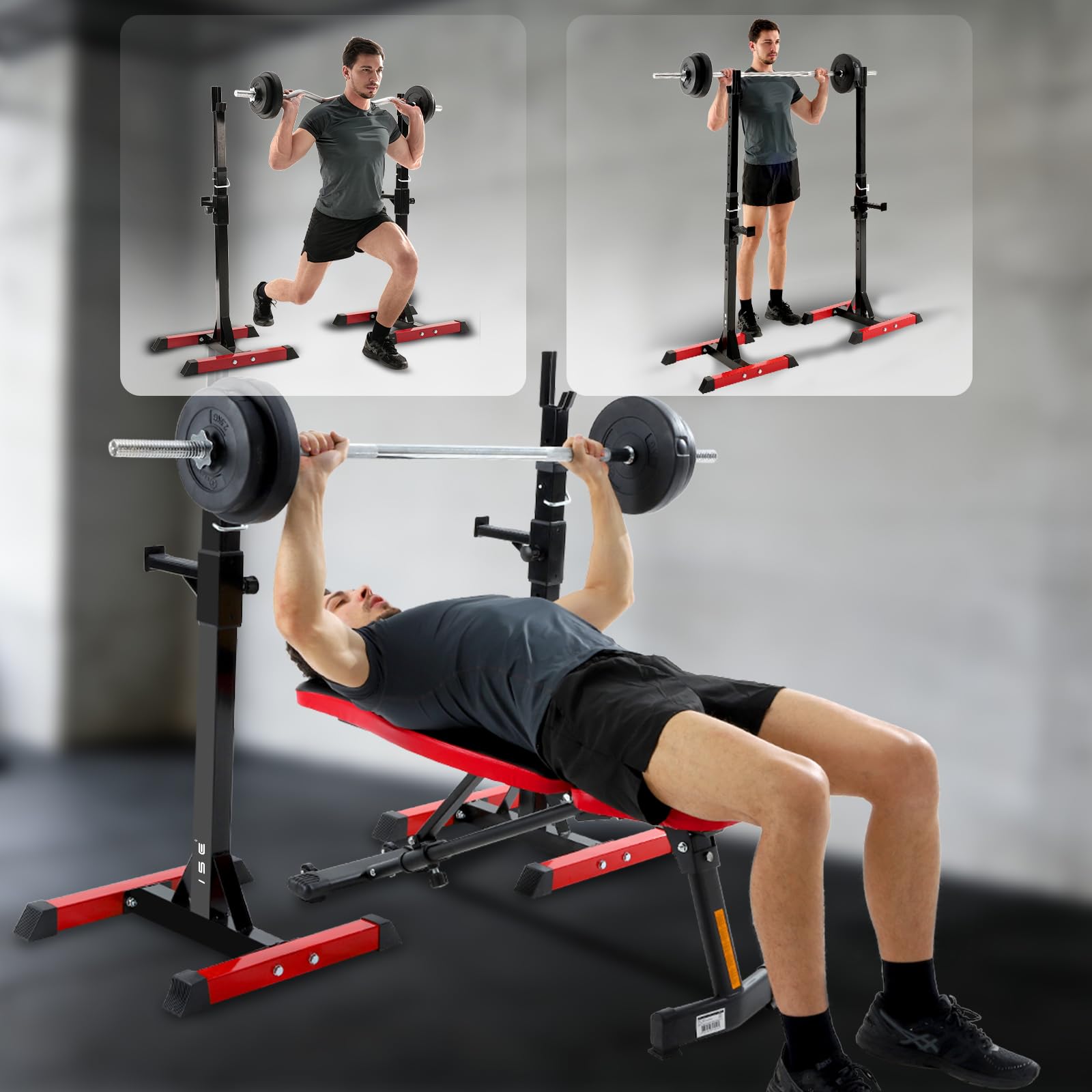 ISE Rack Musculation Multifonction, Squat Rack Adjustable, Rack Squat, Chandelle Musculation 16 Position Hauteur Réglable, Avec Support Barre Super Stabilité, Fitness à Domicile, Capacité Elevée 200KG
