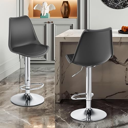 Miniatura 2 de Magshion Juego de 2 taburetes giratorios de plástico con respaldo alto con almohadilla de asiento de piel sintética, elevador de aire cromado con