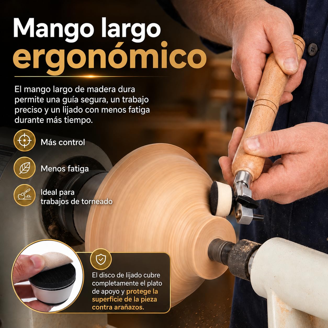 Kit de Lijadora de Cuenco de Mano, Herramientas de Lijado para Torno de Madera con Mango Largo y Cabezal Orientable, 25/51 mm Almohadillas, 50 Discos de Lijado de Grano 60-320, para Cuencos y Platos