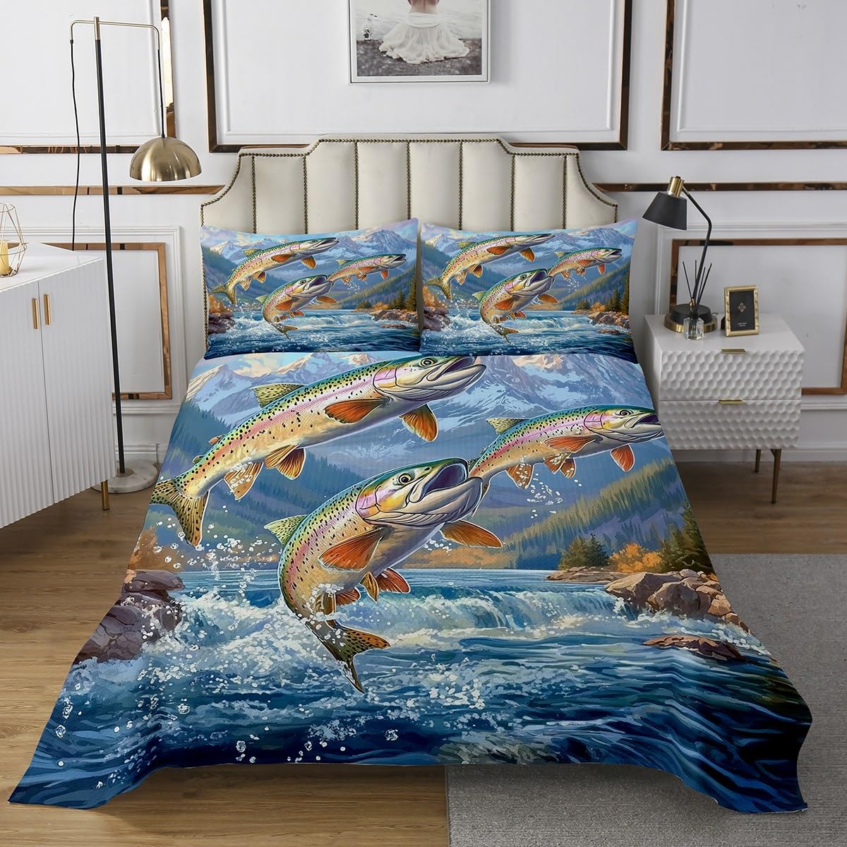 Erosebridal Fishing Theme Twin Quilt,Big Pike Bass Fish Bedding Set for Kids Boys Girls,Rustic Mountain Quilts Bed Set,Lake House Country Coverlet Bedroom Decor with 1 Pillowsham