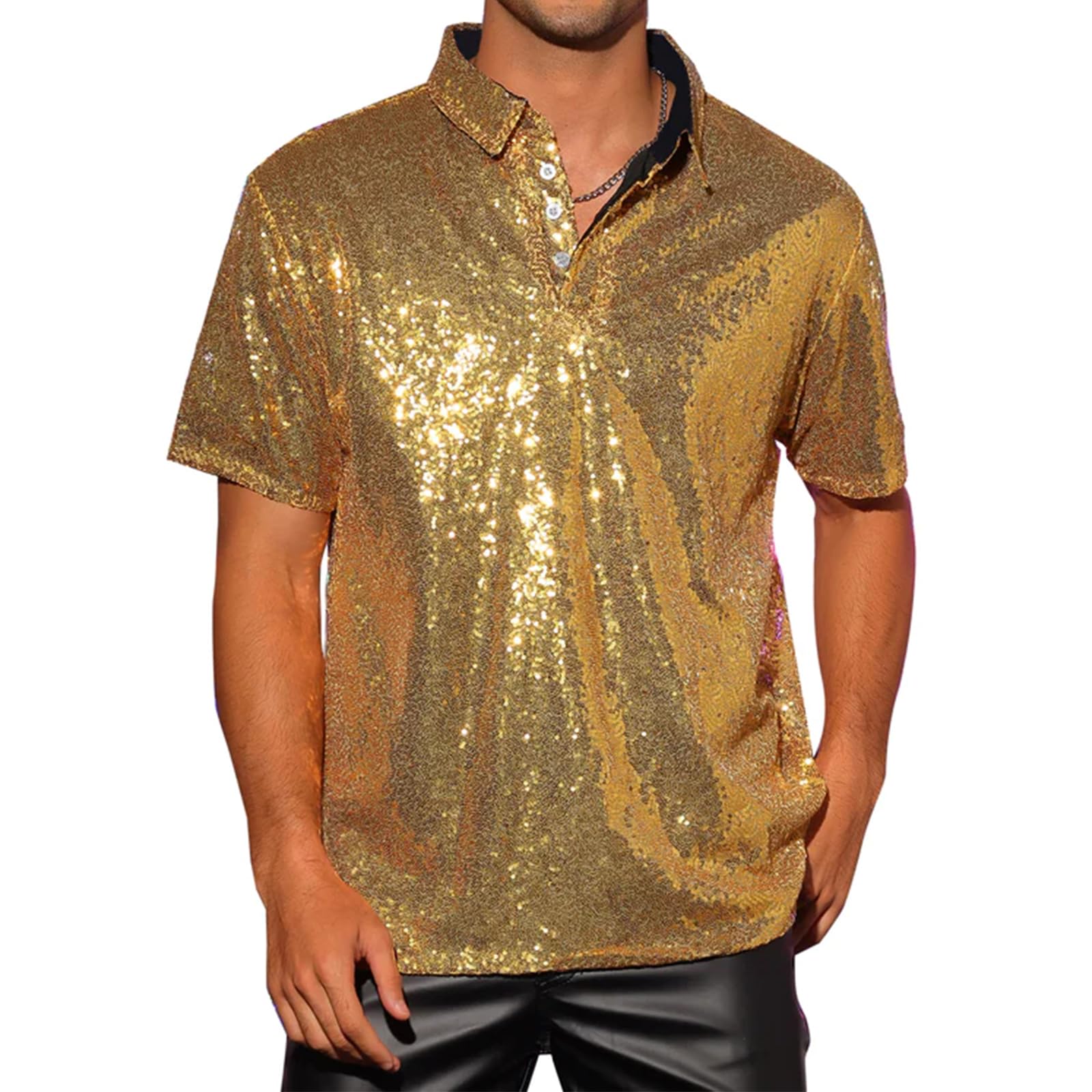 Caziffer Men's Disco Sparkle Sequins Shirt Retro Glitter Party Club Night Out Shiny Stylish Vintage Statement Costume Casual 1/4 Button Short Sleeve Tops for Vacation Streetwear (Gold, 2XL)