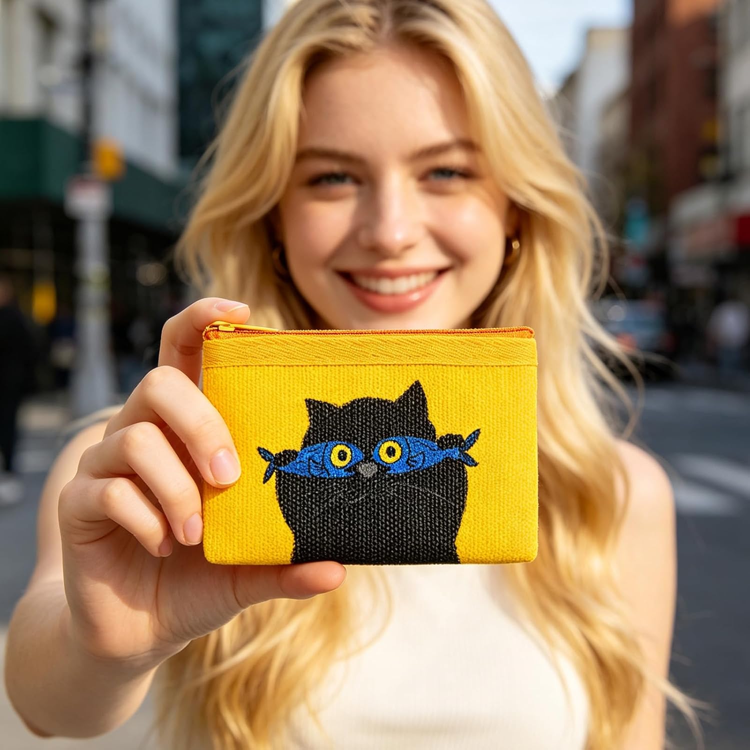 ANTI BASIC Coin Purse, Mini Zip Wallet Keychain, Small Pouch for Coins, Cards, Earbuds, 4.1"H×5.5"W for Men Women(cat fish) image 3