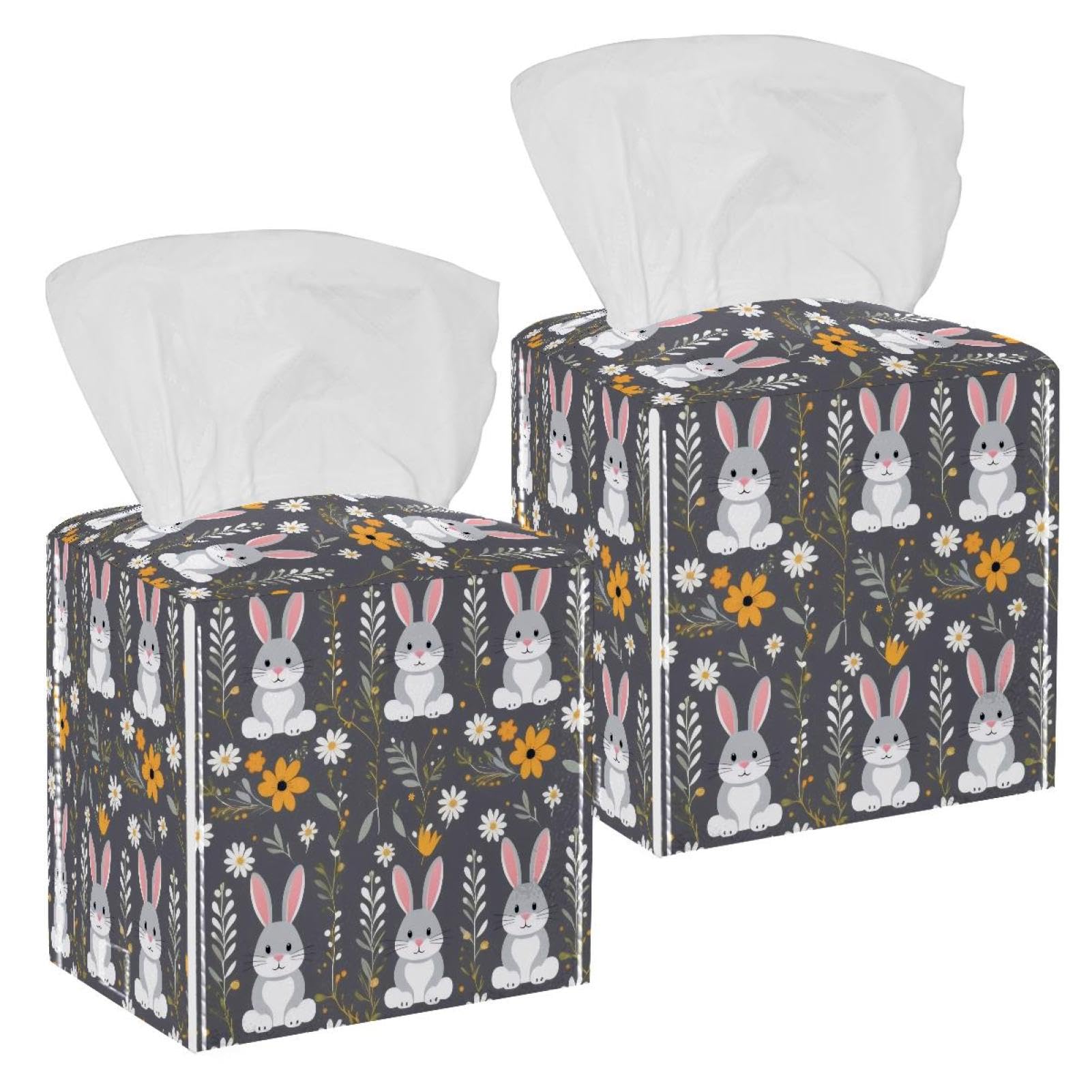 Rabbit and Flowers Tissue Box Cover, 2 Pack PU Leather Square Facial Tissue Dispenser Box holder for Home Office Car