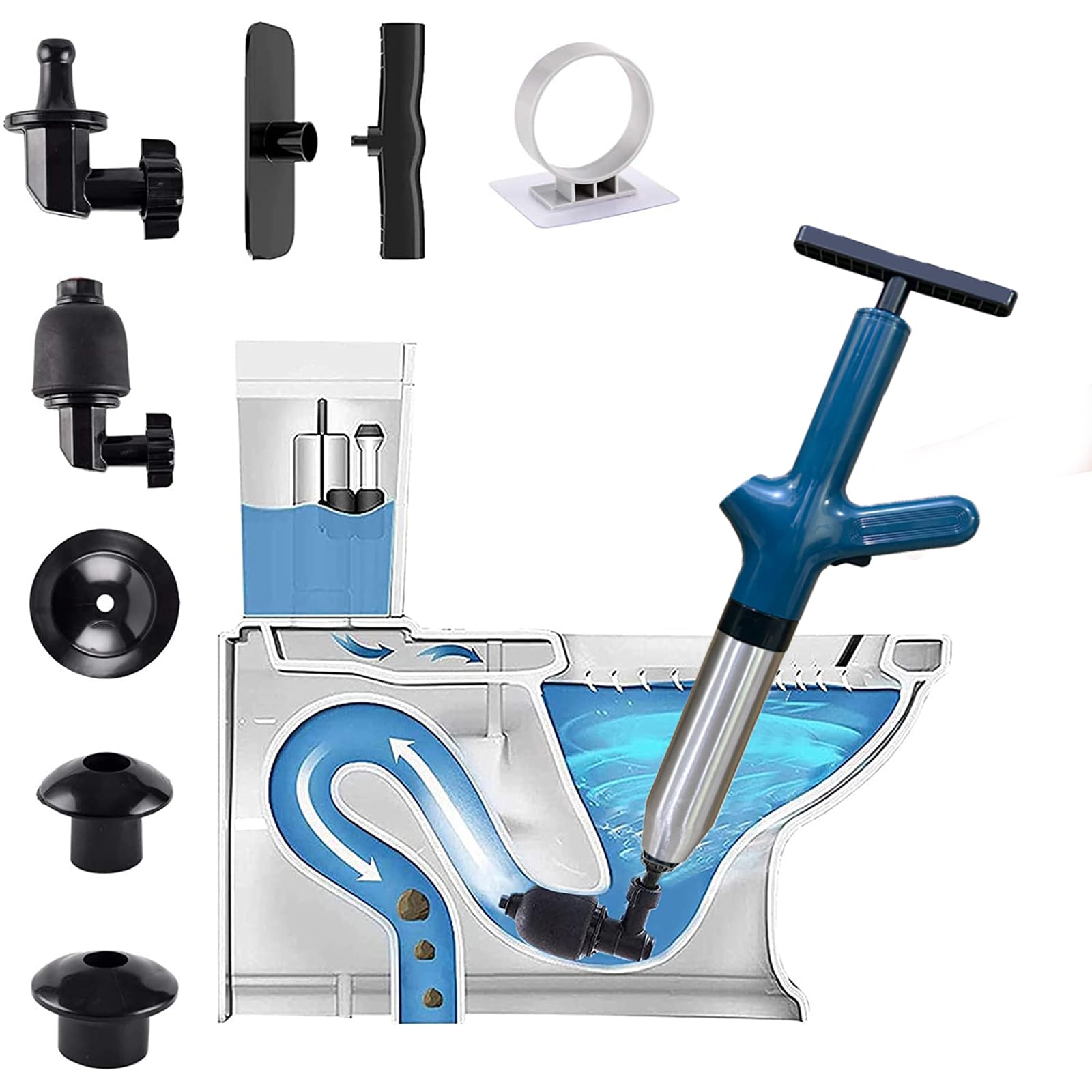 Stainless Steel Toilet Cannon Plunger, Toilet Plunger, Drain Plumb Plunger,Power Plunger, Air Blaster Gun Plunger High Pressure+Detachable Heads for Plugging Toilets,Kitchens,Bathrooms,Drains (blue)