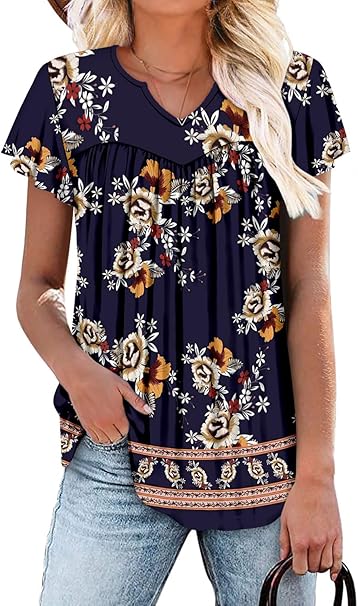 KISSMODA Tops for Womens Summer Cute Short Sleeve Shirts Trendy Notched Neck Blouses Casual Loose Pleated Tunics S-3Xl