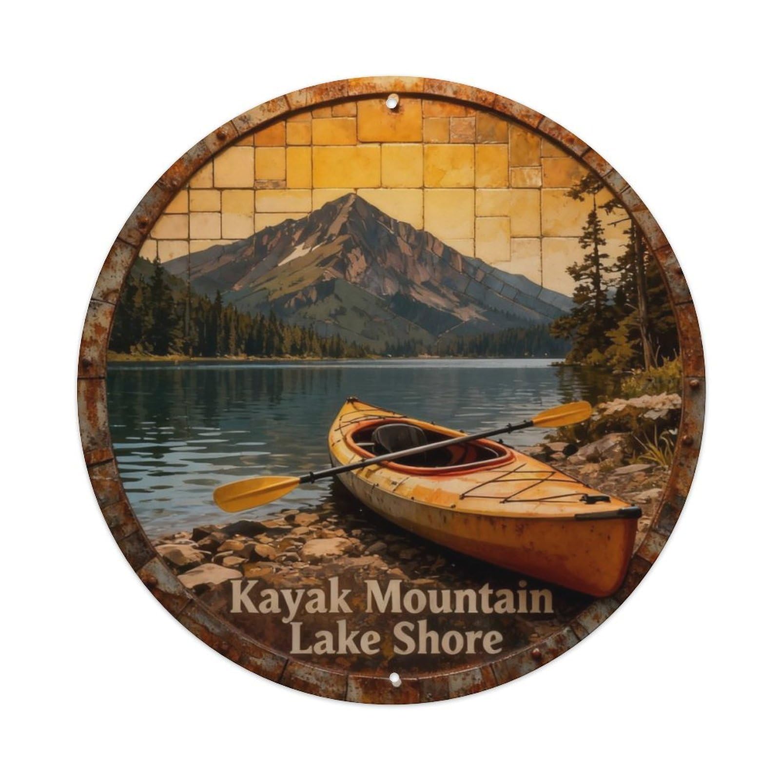 Kayak Mountain Lake Shore Metal Tin Sign Plaque