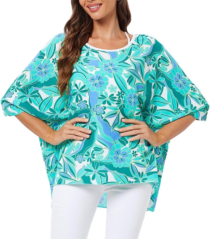Ckikiou Womens Batwing Loose Chiffon Summer Blouse Tunic Floral Printed Boho Beach Cover ups