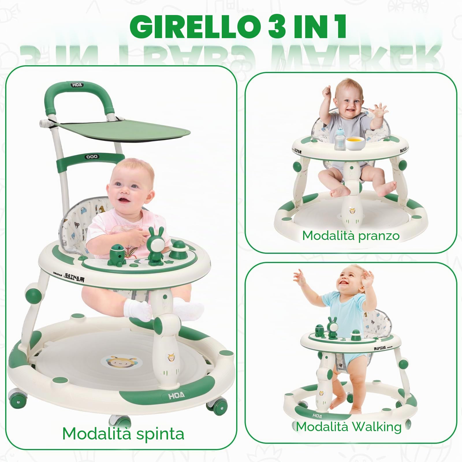 Girello per bambini,Girello Pieghevole 4 in 1 con Vassoio Portagiochi,Altezza Regolabile a 3 Marce e Ruote per Bambini e Bambine Primi Passi per Bambini 6-24 Mesi