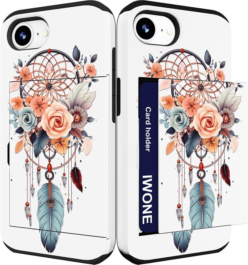 Compatible with iPhone 16e Case 2025 Cute with Card Holder/Shockproof Slot Wallet Phone Cover for Women/Dreamcatcher Dream Catcher Flower Feather Girly