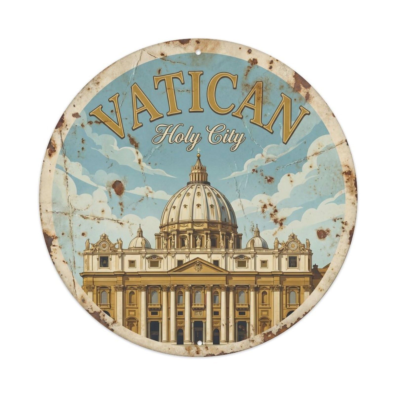 Vintage Travel Vatican Basilica Rome 2 Metal Tin Sign Plaque Wall Decor for Cafe, Club, Garden Round Metal Poster 8x8Inch
