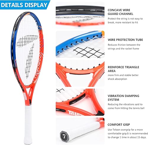 Miniatura 3 de Teloon Raqueta de tenis para niños, raqueta de tenis juvenil de 19 a 25 pulgadas con cubierta, raqueta de tenis junior para niños y niñas de 3 a 12