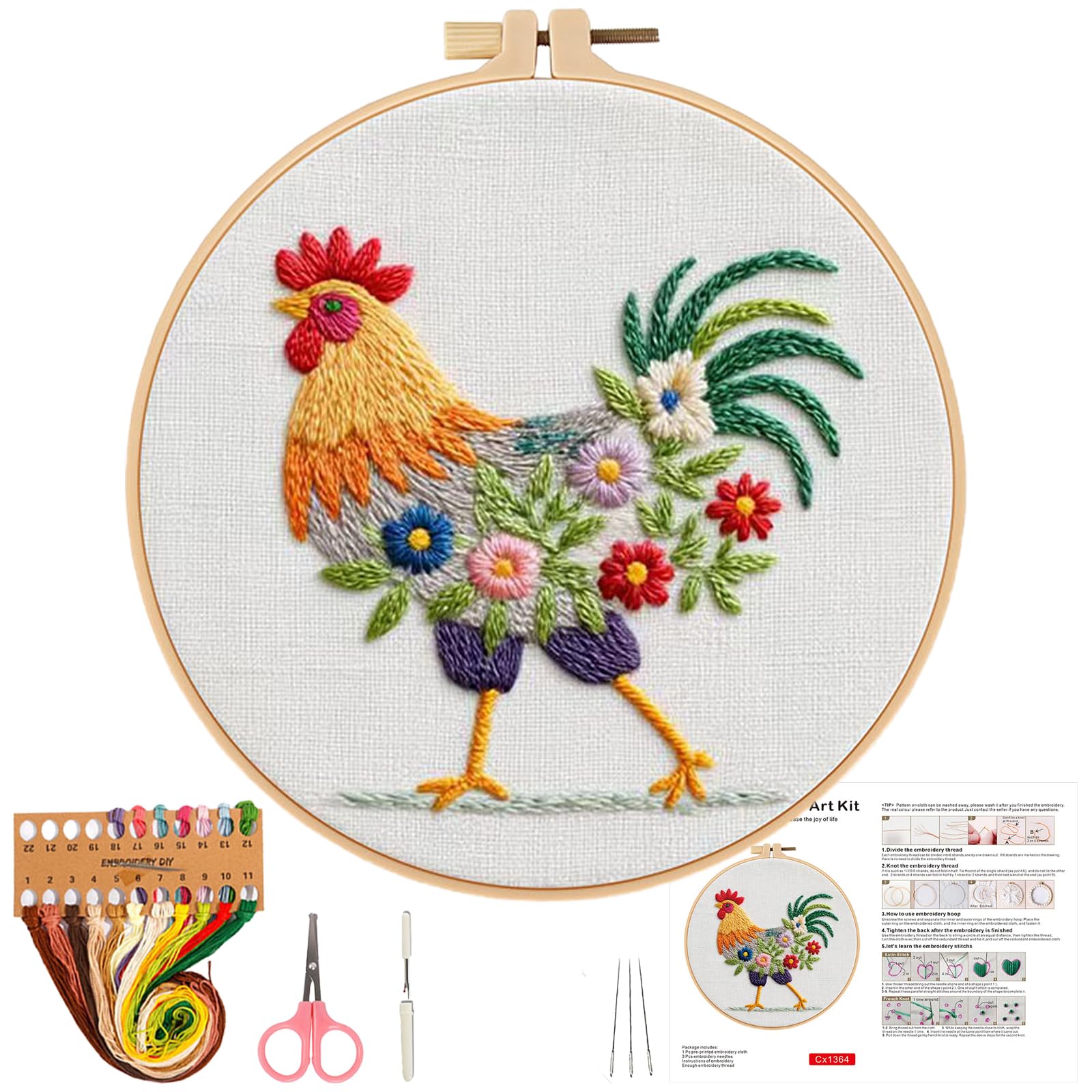 Herdiese Embroidery Kit for Beginners, Rooster Flower Set with Hoop