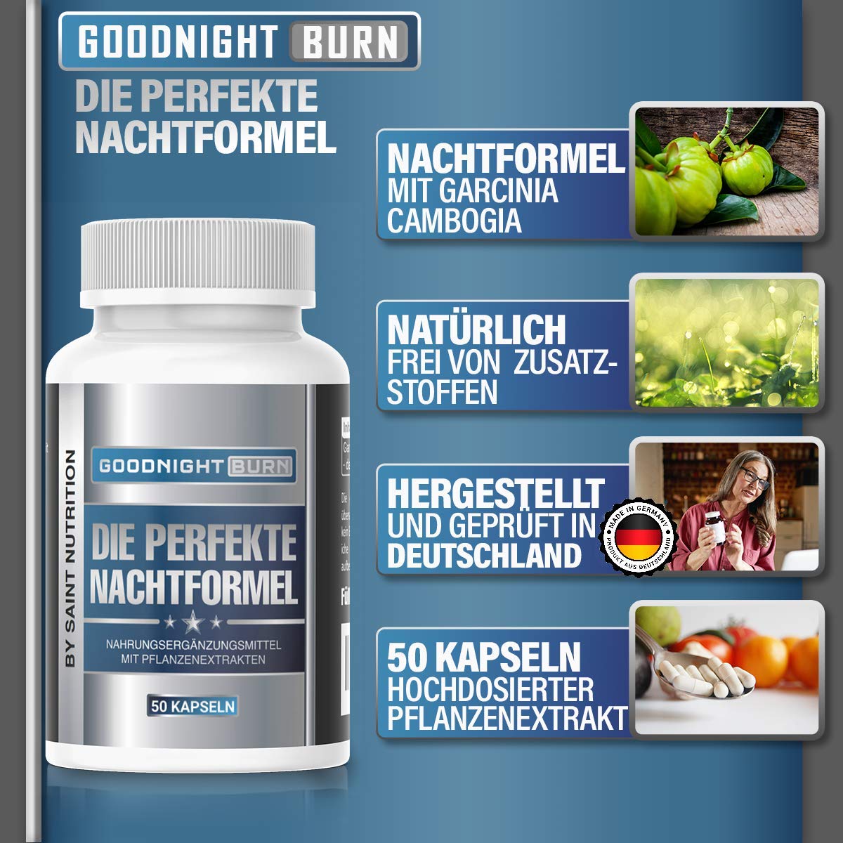 Saint Nutrition® GOODNIGHT F-BURN Kapseln Vegan - 1 Kapsel für die Nacht mit Garcinia Cambogia - für Männer & Frauen, schnell + hochdosiert