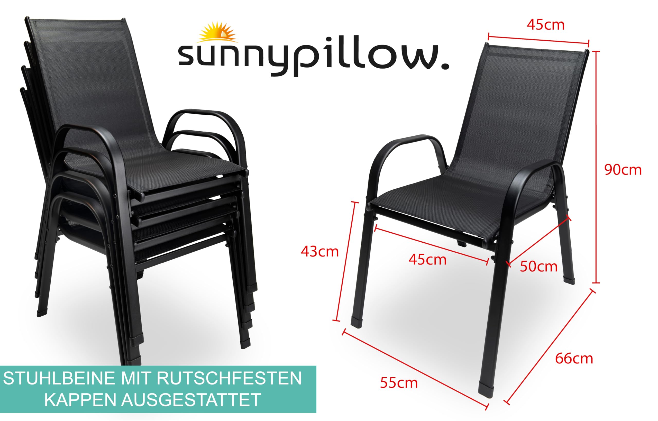 sunnypillow 4er Set Stapelstühle schwarz – Hochlehner Gartenstühle mit Armlehnen, stapelbare Terrassenstühle aus Textilene & pulverbeschichtetem Stahl, belastbar bis 120 kg, ideal für Innen und Außen