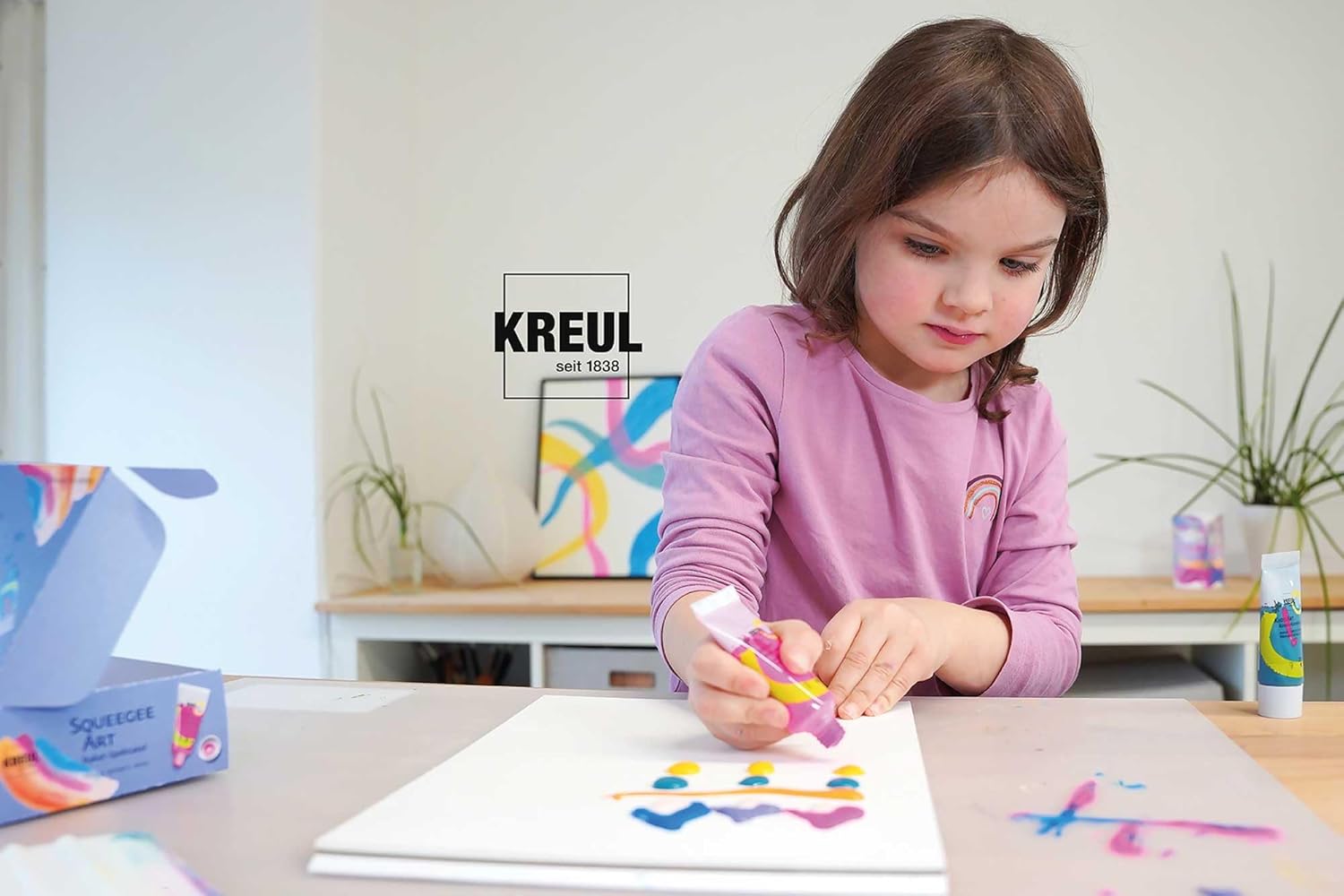 KREUL 43362 - Squeegee Art - Squeegee Technology for Children, Painting Set with 7 x 20 ml Kids Art Children's Artist Colours + Squeegee, Craft Set Children from 6 Years
