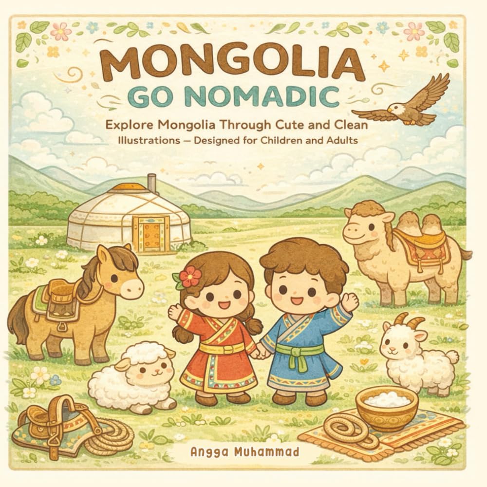 MONGOLIA GO NOMADIC: Explore Mongolia Through Cute and Clean Illustrations of Rolling Grasslands, Nomadic Camps, Cultural Clothing, Eagles, Camels, ... Valleys — Designed for Children and Adults