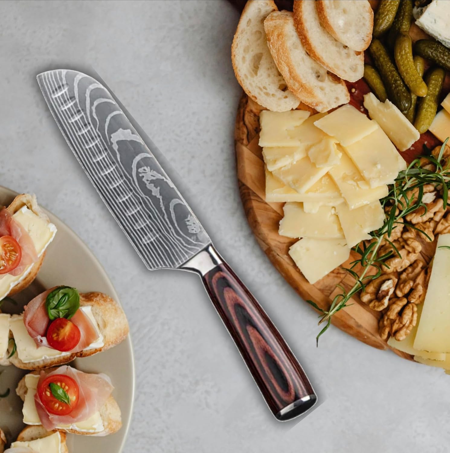 Stainless Steel Cutting Board with Chef Knife Set. Cutting boards for kitchen with santoku knife. Non toxic cutting board and Japanese knife. Kitchen must haves. Knife set, kitchen set.