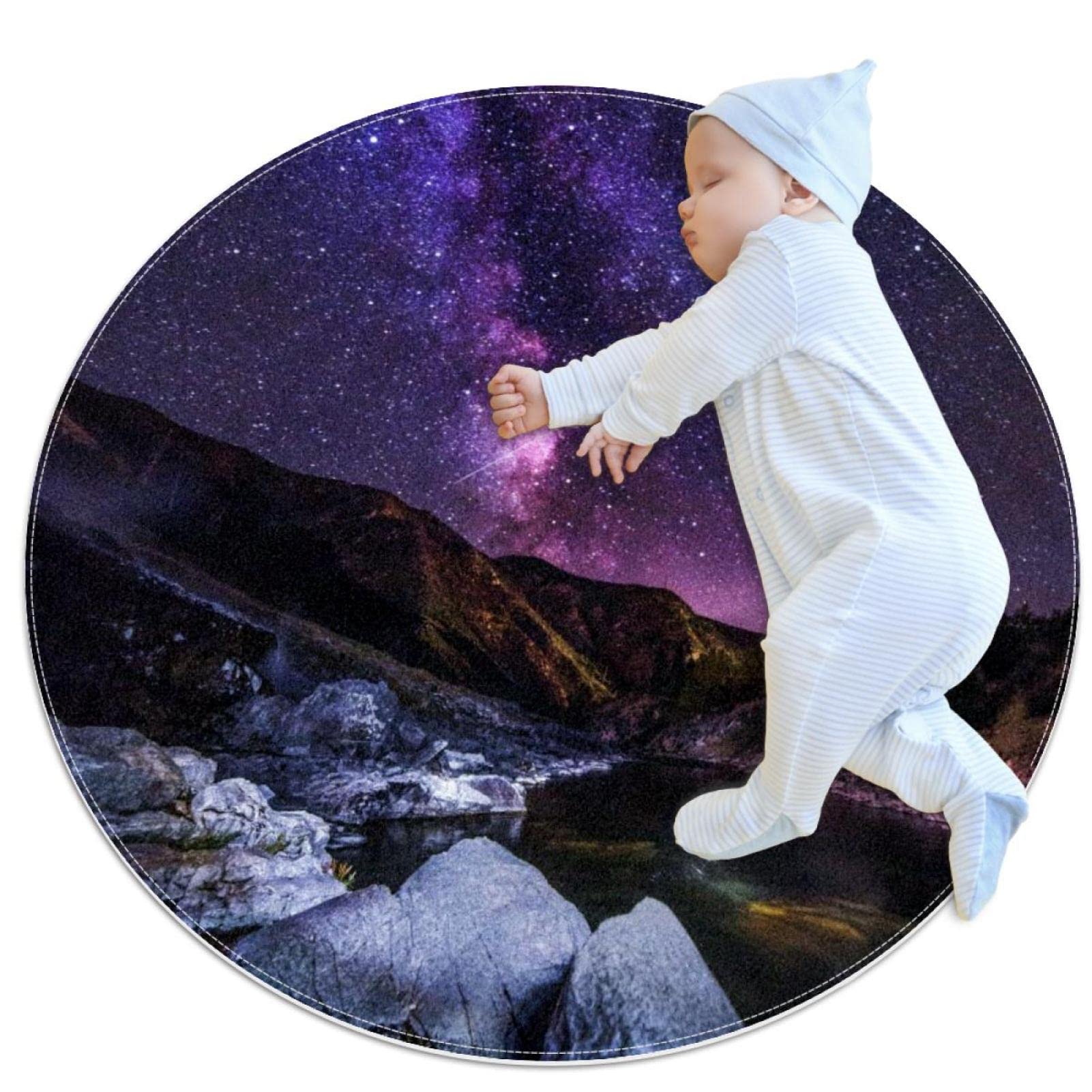 Tapis de salle de bain rond violet motif ciel étoilé 1m de diamètre antidérapant