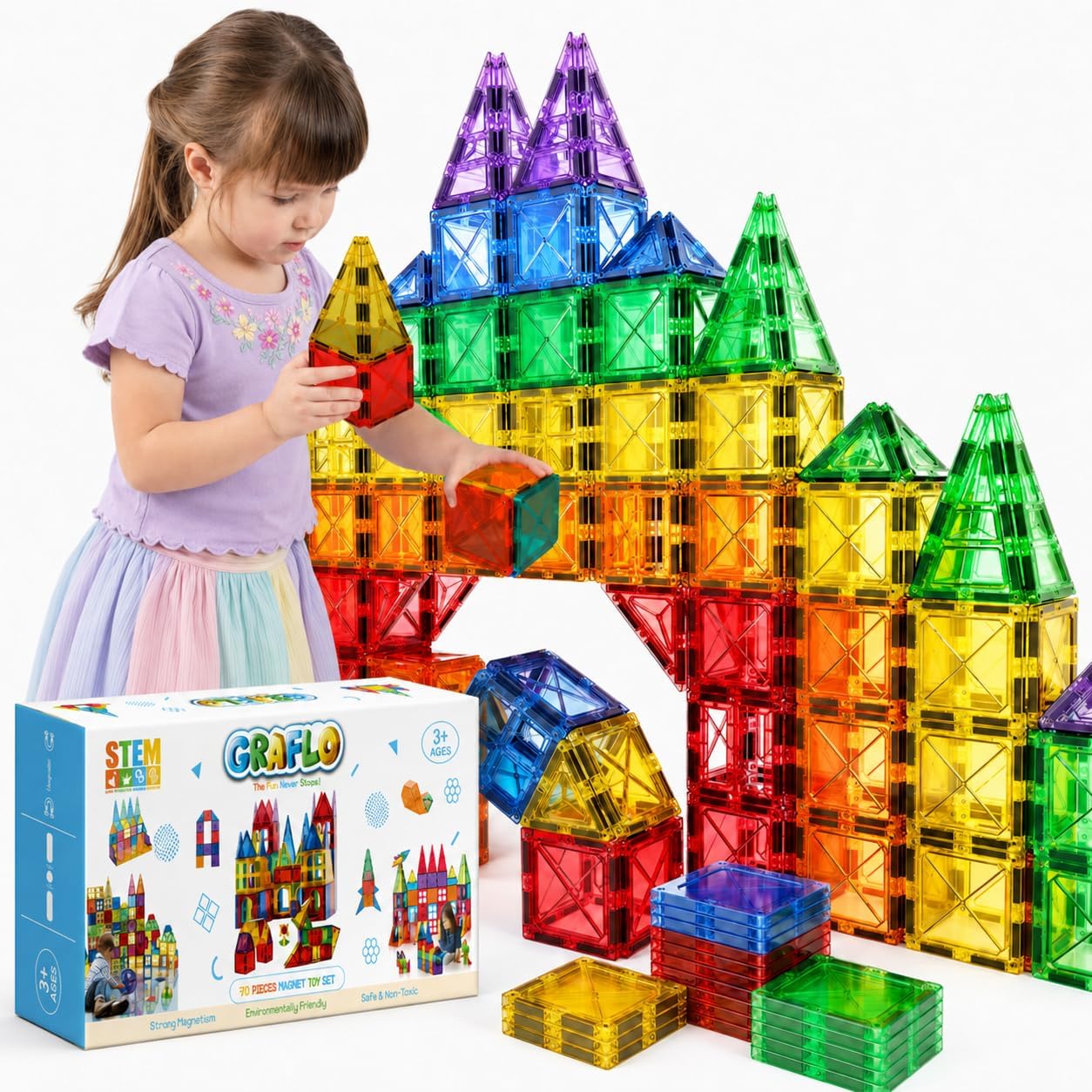 GRAFLO Magnetic Tiles 70 Pcs Building & Construction Set Vibrant 3D Building Toys - Magnetic Tiles for Kids - STEM Toy - Magnet Puzzles Stacking Blocks for Boys Girls - Ages 3-10
