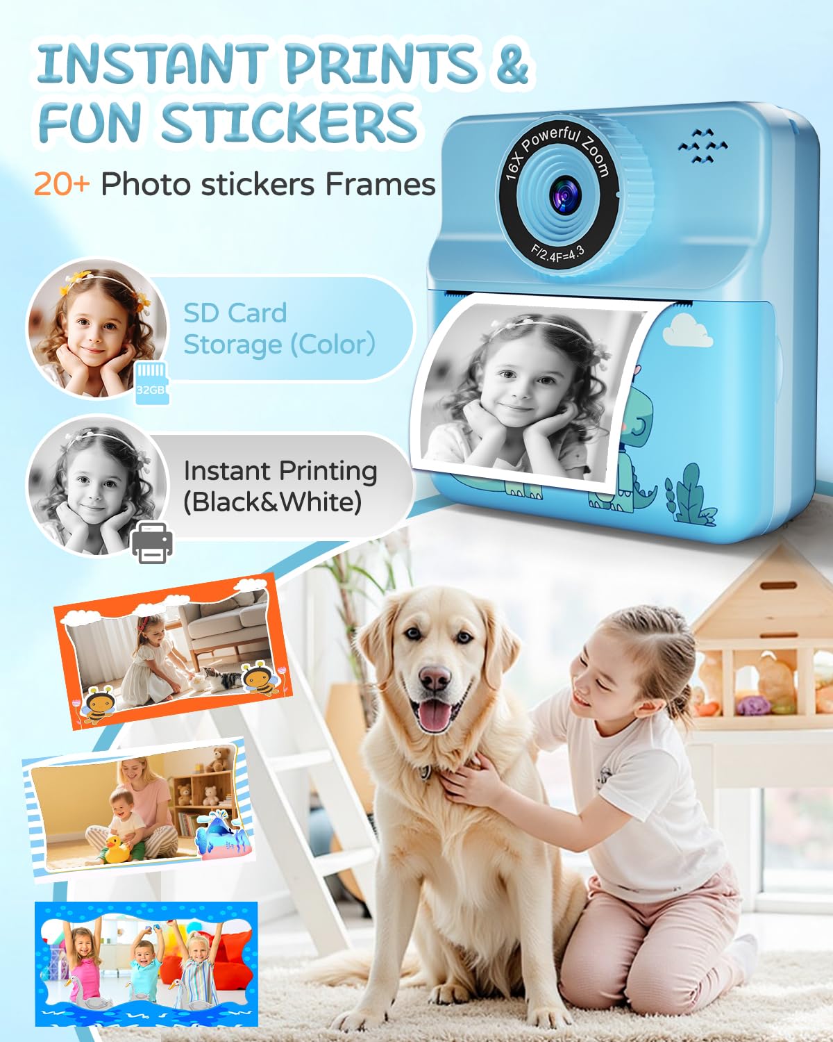 Kids Instant Print Camera, Dual-Lens Digital Video Camera with 32GB SD Card, 5-Color Paper, Portable Carry Case, Christmas Birthday Gift for Boys Girls Ages 3-12