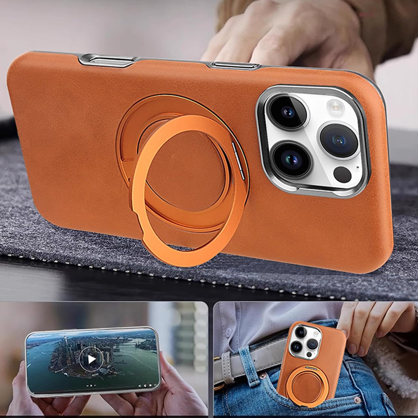 Orange,16 Pro, Handyhülle Leder Für iPhone 16 Pro Max/16 Pro/16 Plus/16, Magnetisch Ring Ständer Drahtloses Aufladen Hülle Anti-Fingerabdruck