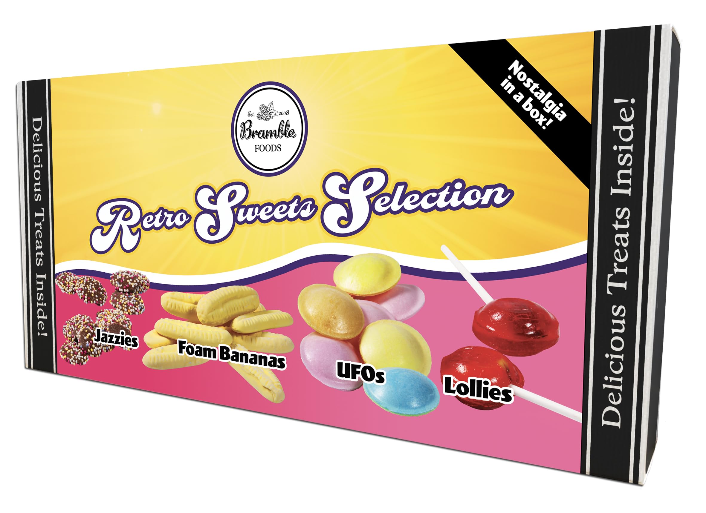 Bramble Foods Retro Sweets Variety Gift Box - Traditional & Old Fashioned Confectionary Selection - Lovely Gift for Friends & Family - Contains Jazzies, Foam Bananas, Flying Saucers & Lollipops