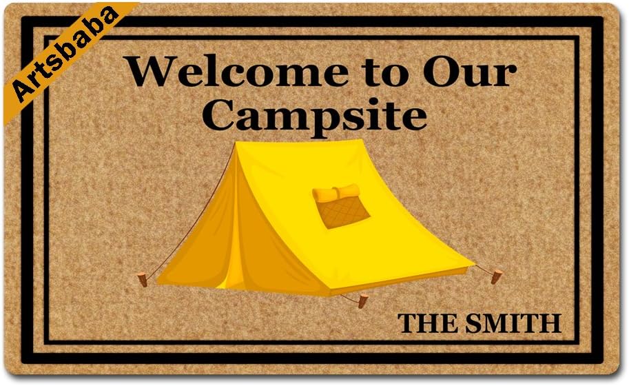 Artsbaba Personalized Your Text Doormat Welcome to Our Campsite Yellow Tent Doormats Monogram Non-Slip Doormat Non-Woven Fabric Floor Mat Indoor Entrance Rug Decor Mat 30" x 18"