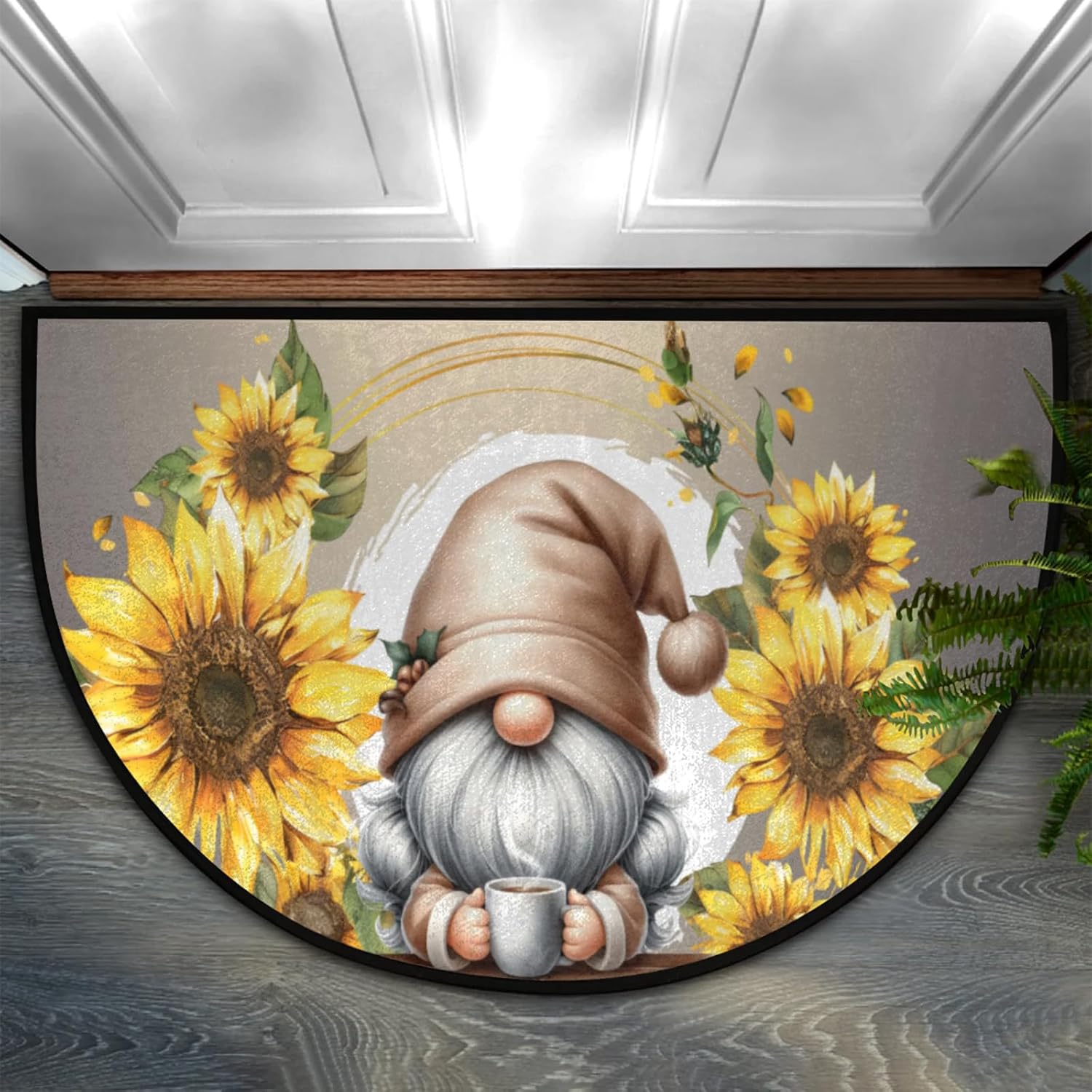 cfpolar Half Round Door Mat Flower Dwarf Sunflower Non-Slip Semi Circle Area Rug Washable Semi Circle Floor Rug for Indoor Outdoor Living Room Bathroom Kitchen Patio Hearth Rugs Home Decoration