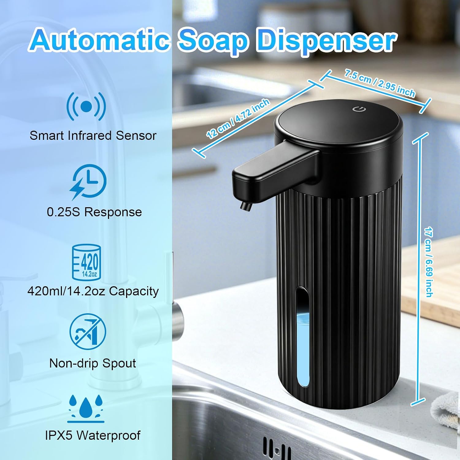 Automatic Foaming Soap Dispenser Touchless, USB Rechargeable Hand Soap Dispenser, 4-Level Adjustable, 14.2oz/420mL, IPX5, Compatible with Thick Thin Dish Soap for Bathroom Kitchen Accessories, Black
