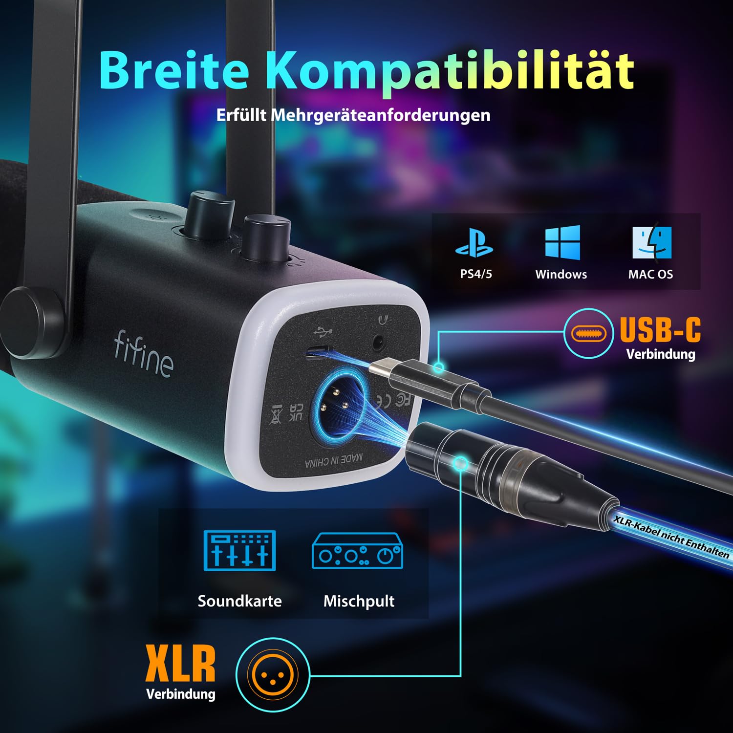 FIFINE XLR Streaming Mikrofon mit Arm für Podcast Studio, USB Dynamisch Microphone Gaming PC mit Stummschalttaste, für PS4/5 Mac Mixer Soundkarten