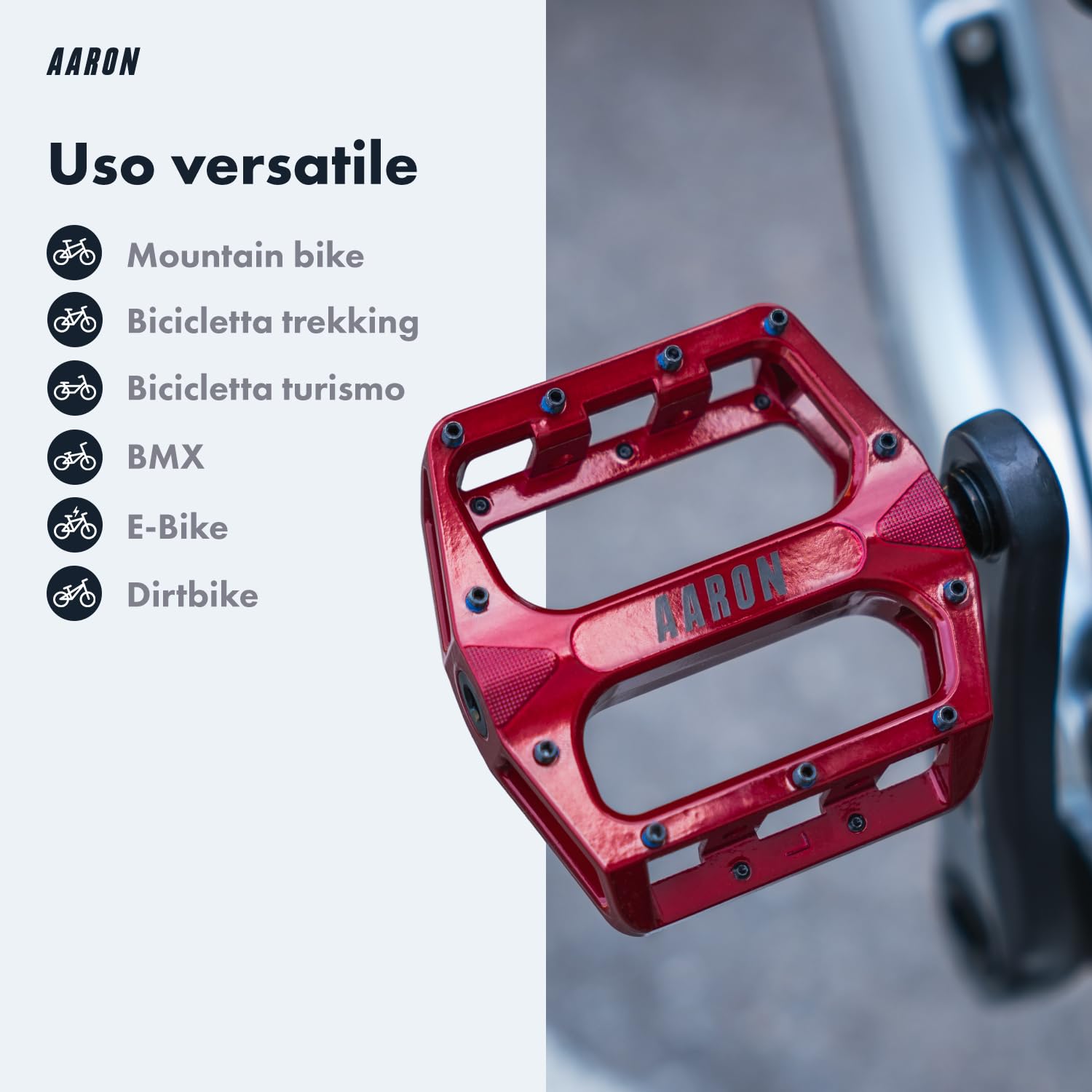 AARON Rock - Pedali Mountain Bike in Alluminio con Cuscinetti a Sfera sigillati - Antiscivolo con Piedini sostituibili - Superficie a Piattaforma per Bici elettrica, MTB, da Trekking, ECC.