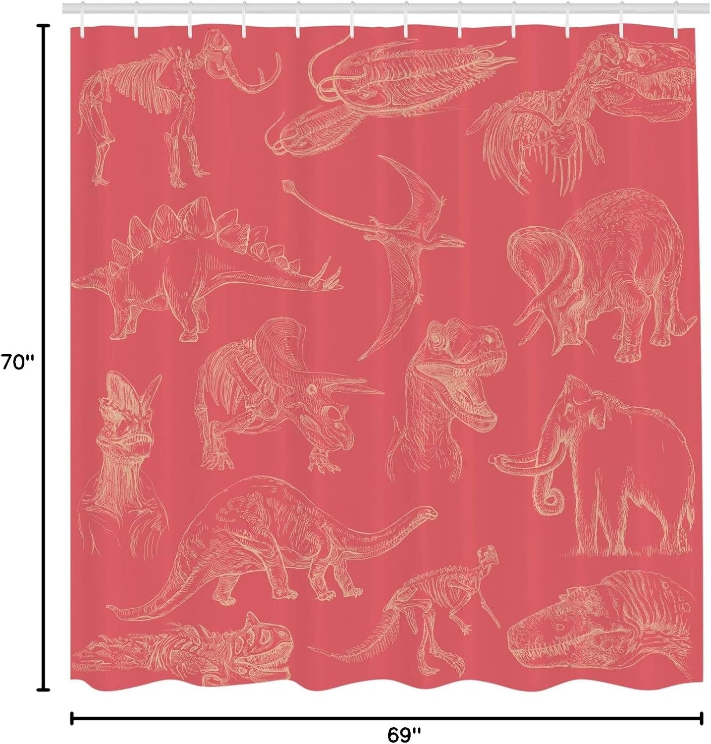 Ambesonne Jurassic Shower Curtain, Arrangement of Various Dinosaurs Illustrations Skeleton Biology Historic, Cloth Fabric Bathroom Decor Set with Hooks, 69" W x 70" L, Coral Cream