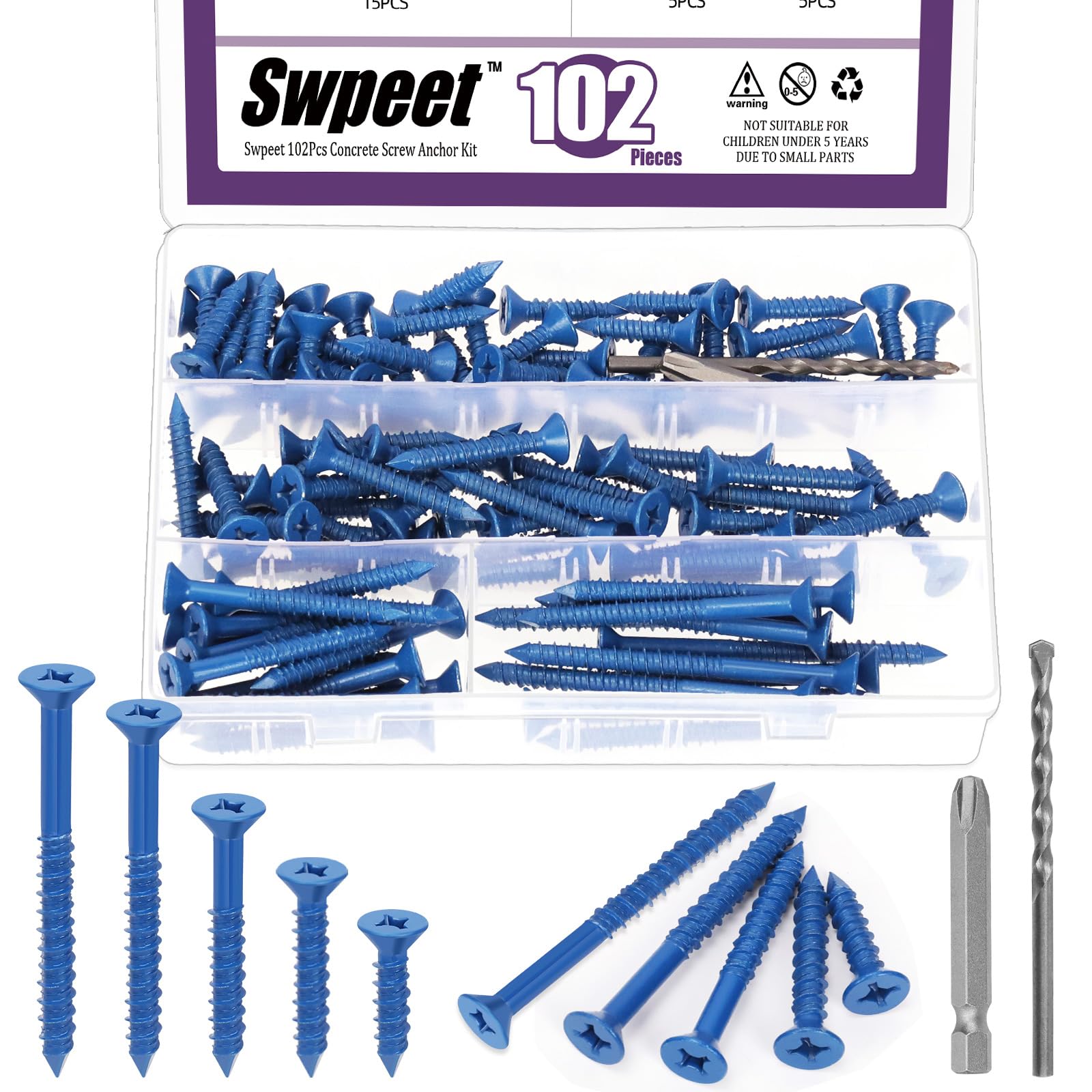 Swpeet 102Pcs 5 Sizes 1/4" Flat Head Concrete Screw Anchors with Screwdriver Bit and Drill Bit Assortment Kit