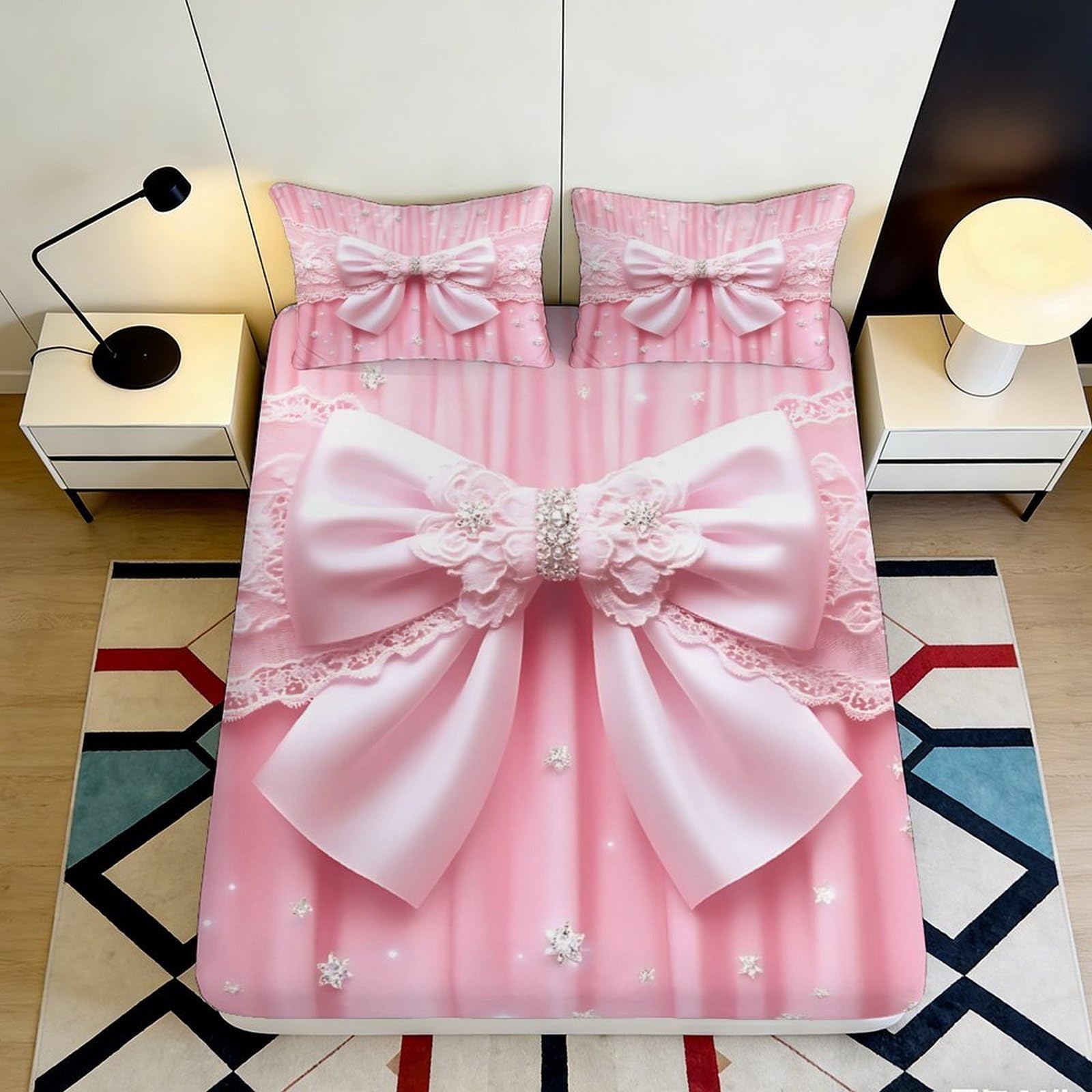 Pnayamiorkfel Style-7 3D Printed Pink Ribbon Bow Fitted Sheet Microfiber Soft Anti-Slip Lace Pearl Bed Cover For Bedroom Guest Room Decor 90X200x25cm