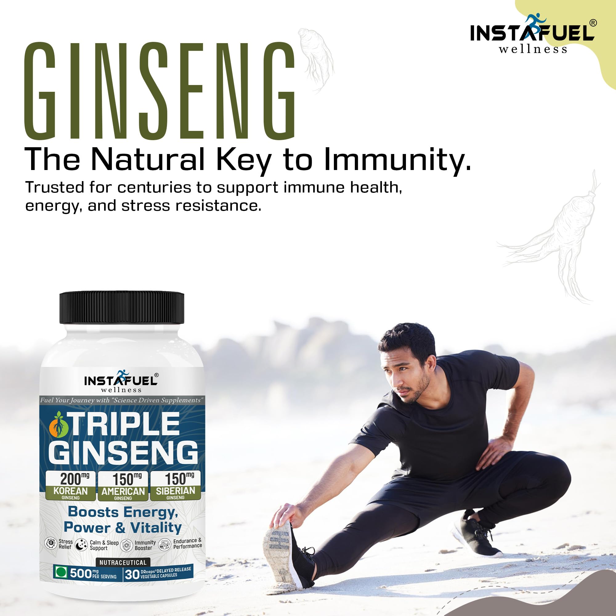 Instafuel Triple Ginseng Supplement | Korean, American & Siberian Ginseng | Boosts Energy, Strength, Stamina, Power & Vitality | Stress Relief, Brain & Sleep Support | Immunity Booster - 30 Capsules — Amazon image 6