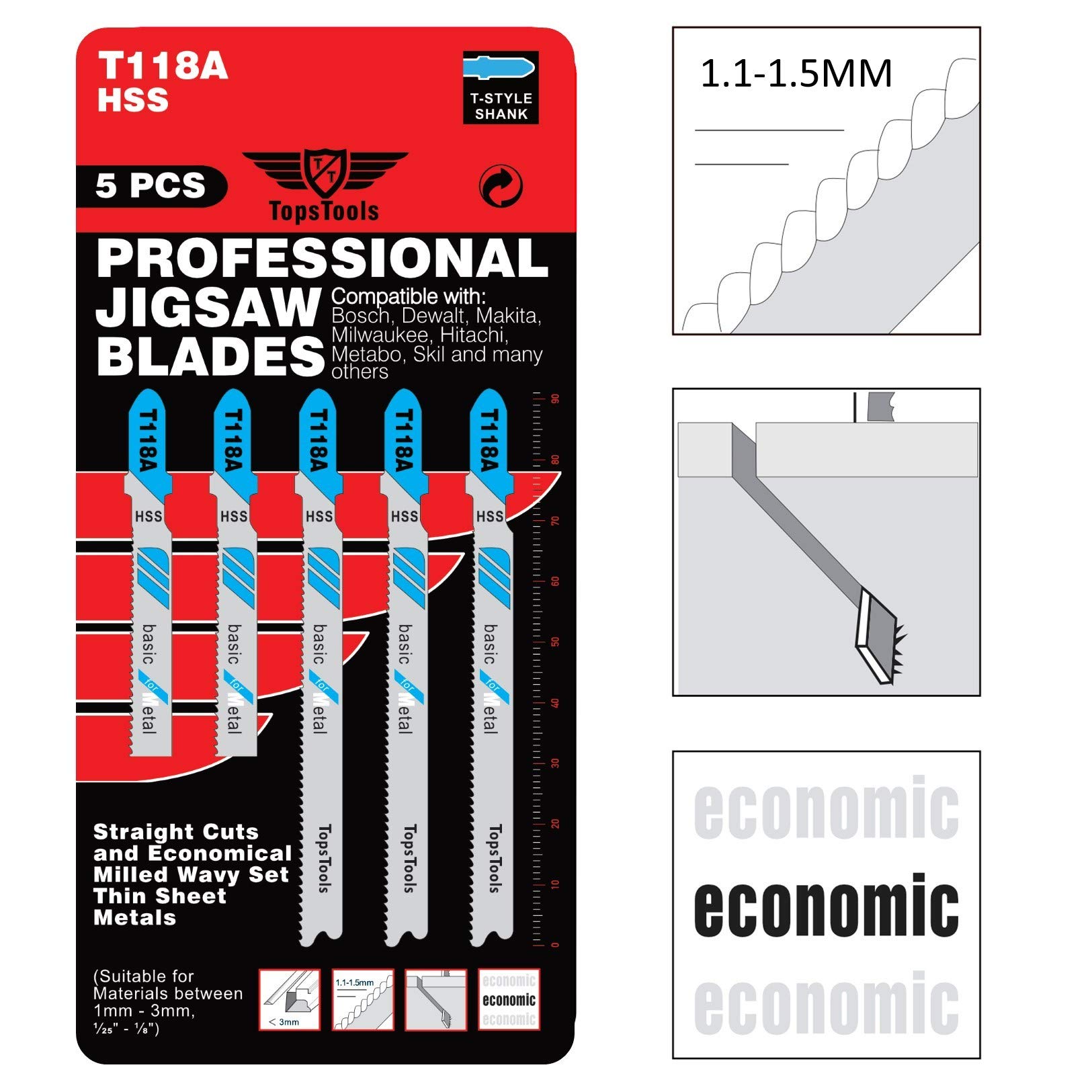 25 hojas de sierra de calar de corte de metal TopsTools T118A compatibles con Bosch, Dewalt, Makita, Milwaukee y muchos más