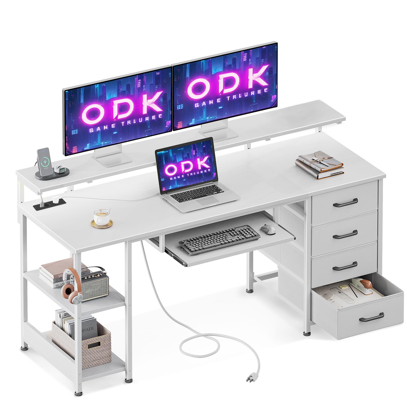 ODK Escritorio con 4 Cajones, Escritorio de Ordenador con Toma de Corriente y Carga USB, Escritorio Gaming Mesa de Escritorio con Estantes Ajustables para el Hogar (Blanco, 160x52cm)