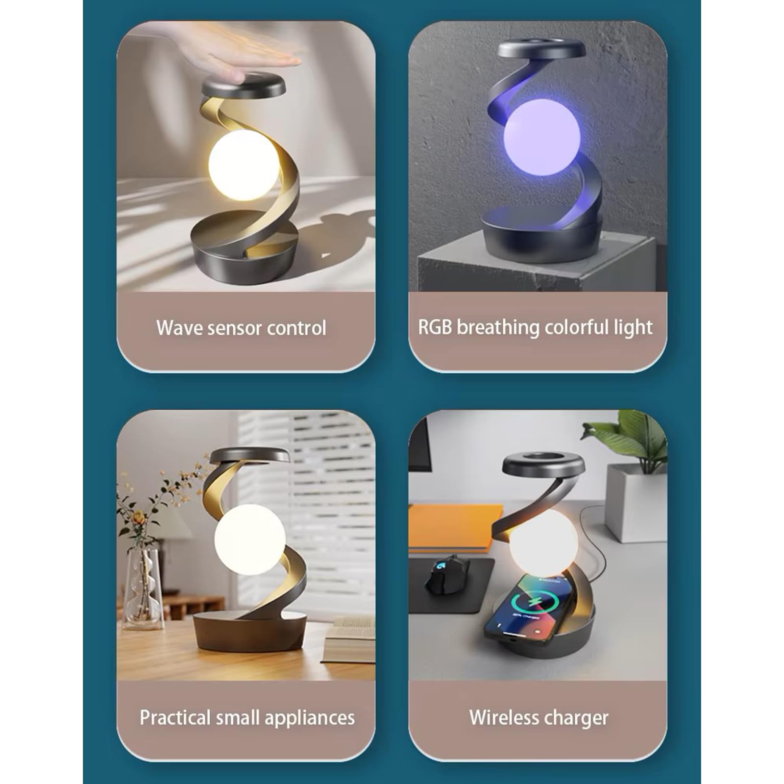 Lampada Da Scrivania RGB Con Controllo Gestuale, Luce Notturna Con Rotazione A 360°, Con Ricarica Wireless, Giocattolo Di Illuminazione Ambientale Da Tavolo Per Soggiorno Camera Da Letto(White)