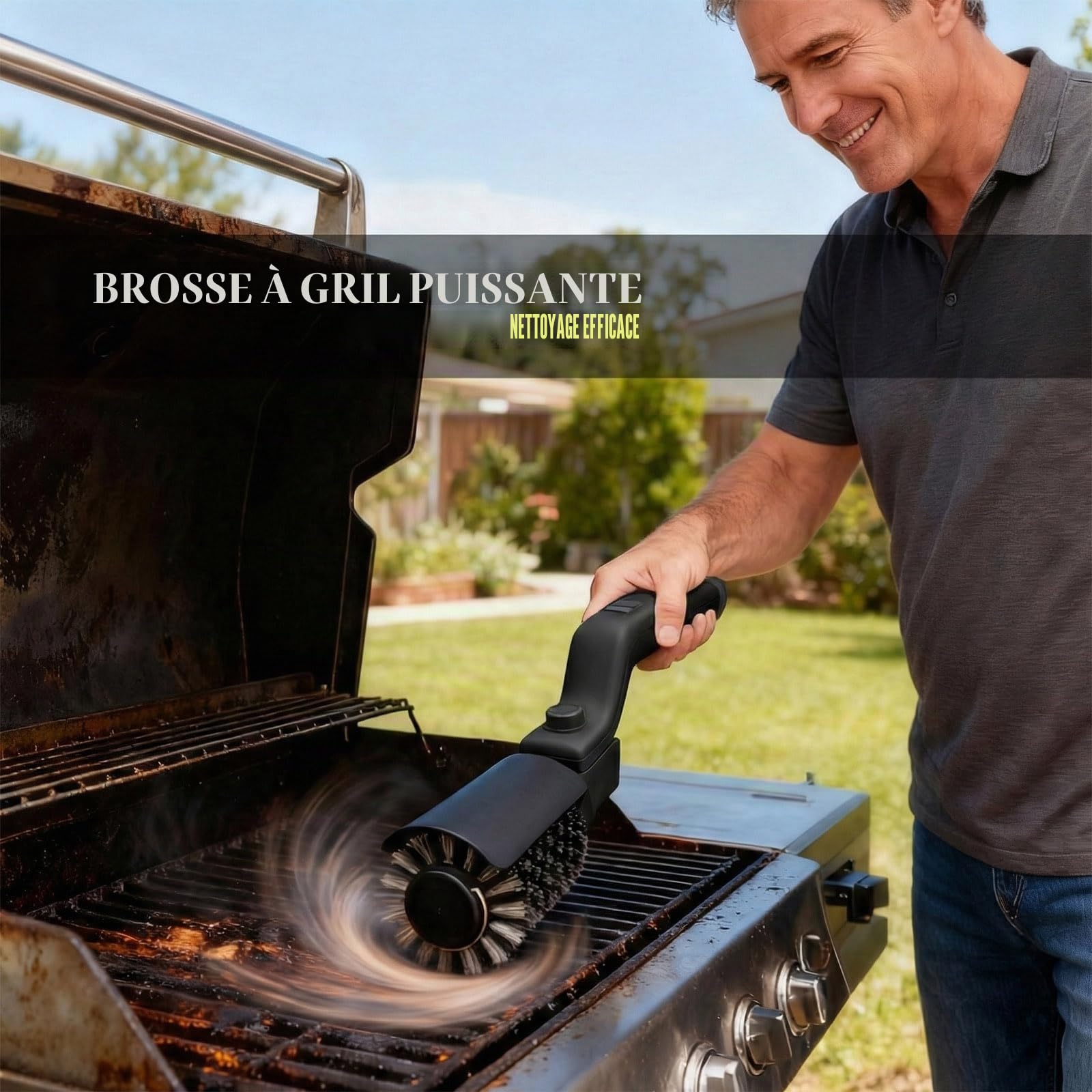 Brosse de nettoyage électrique pour gril alimentée par batterie – Tête réglable à 180°, moteur à 3 vitesses, autonomie de 90 min, étanche, têtes de brosse en acier inoxydable et nylon pour grille